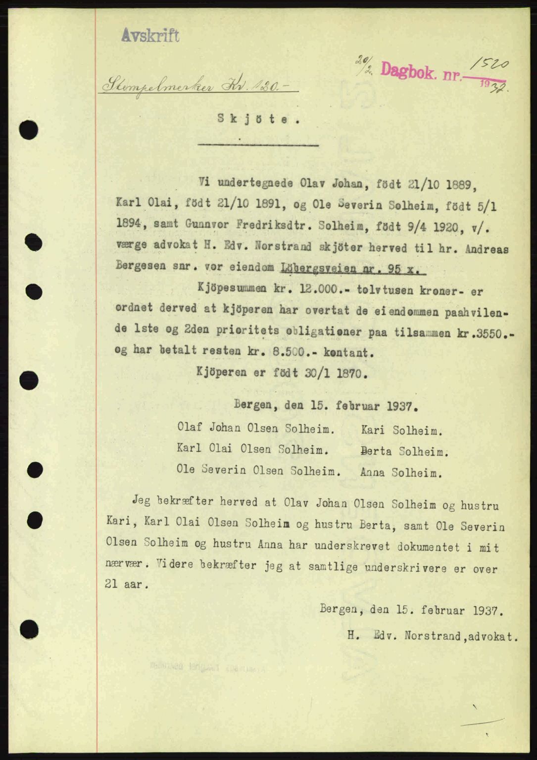 Byfogd og Byskriver i Bergen, SAB/A-3401/03/03Bc/L0004: Mortgage book no. A3-4, 1936-1937, Diary no: : 1520/1937