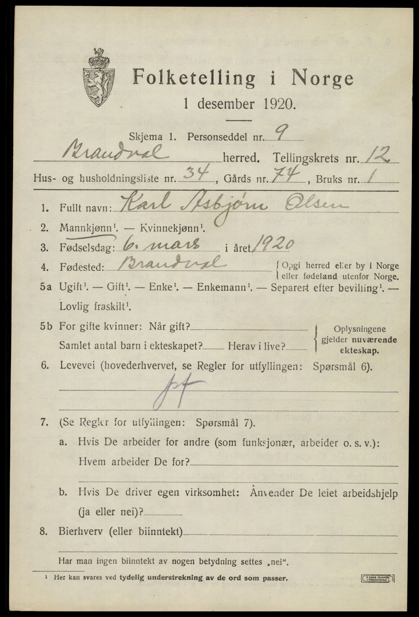 SAH, 1920 census for Brandval, 1920, p. 8836