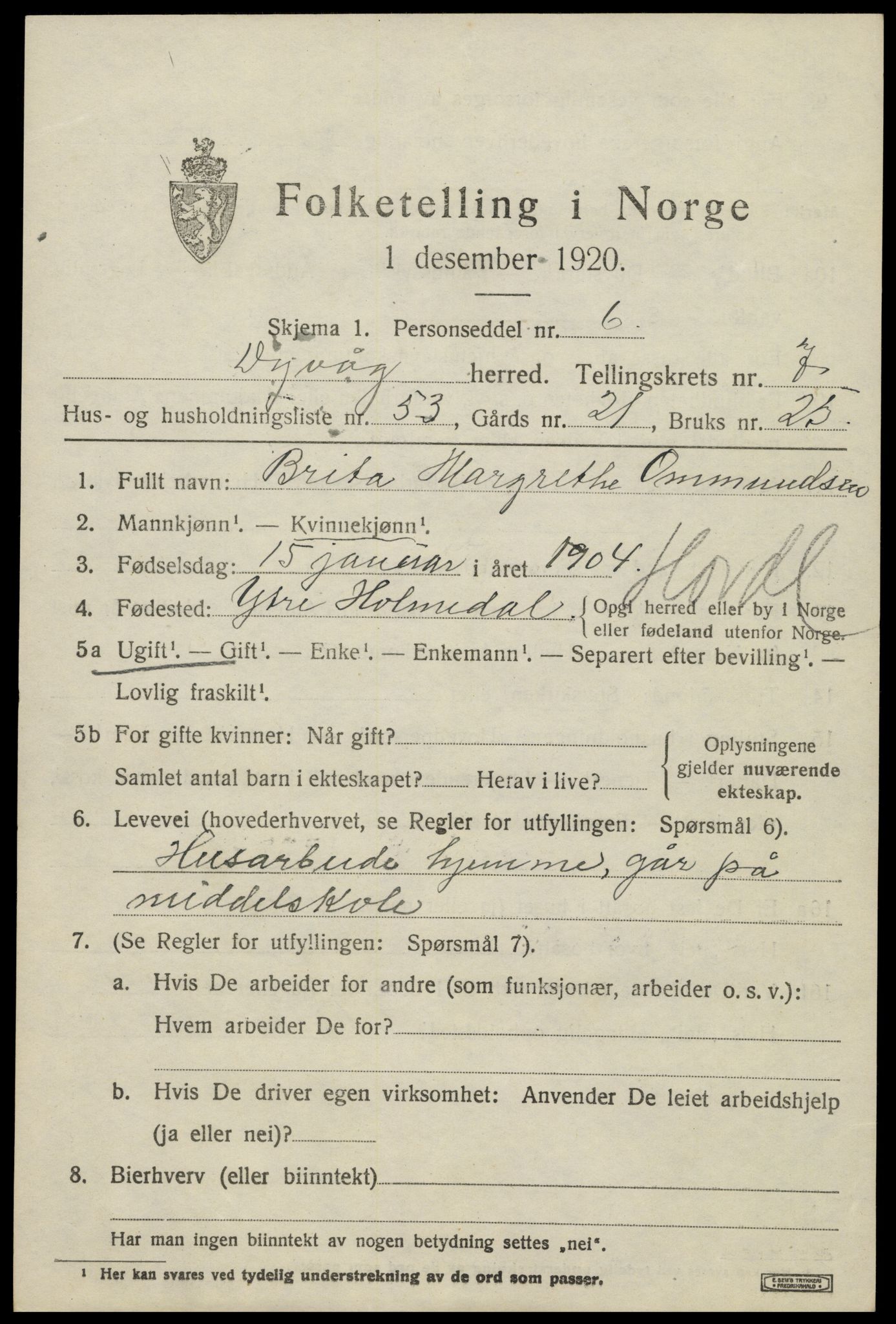 SAK, 1920 census for Dypvåg, 1920, p. 6197