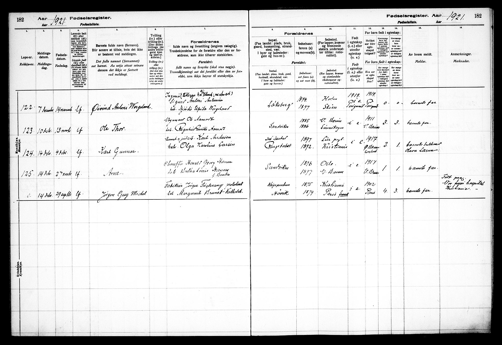 Østre Bærum prestekontor Kirkebøker, AV/SAO-A-10887/J/Ja/L0001: Birth register no. 1, 1916-1922, p. 182