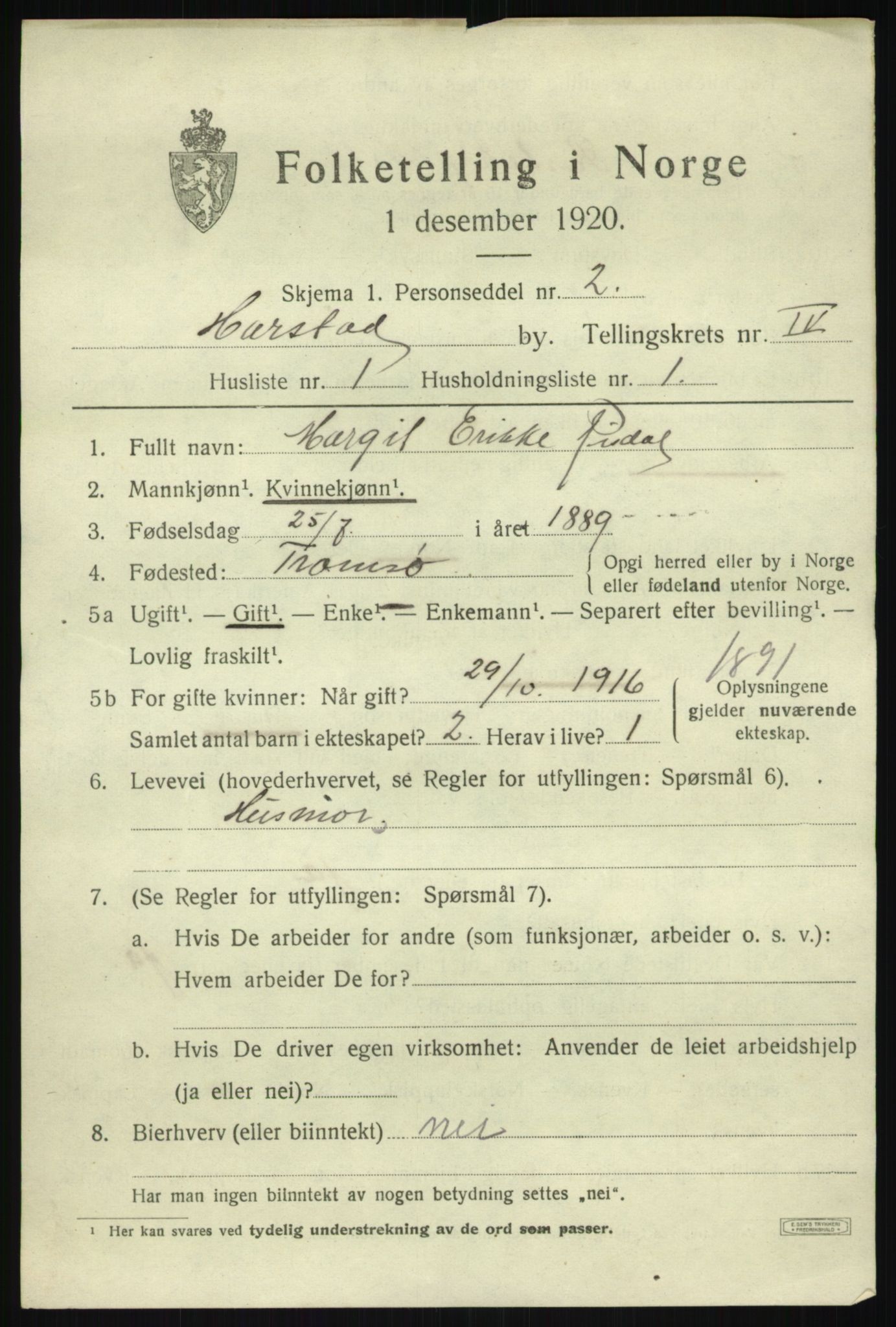 SATØ, 1920 census for Harstad, 1920, p. 5156