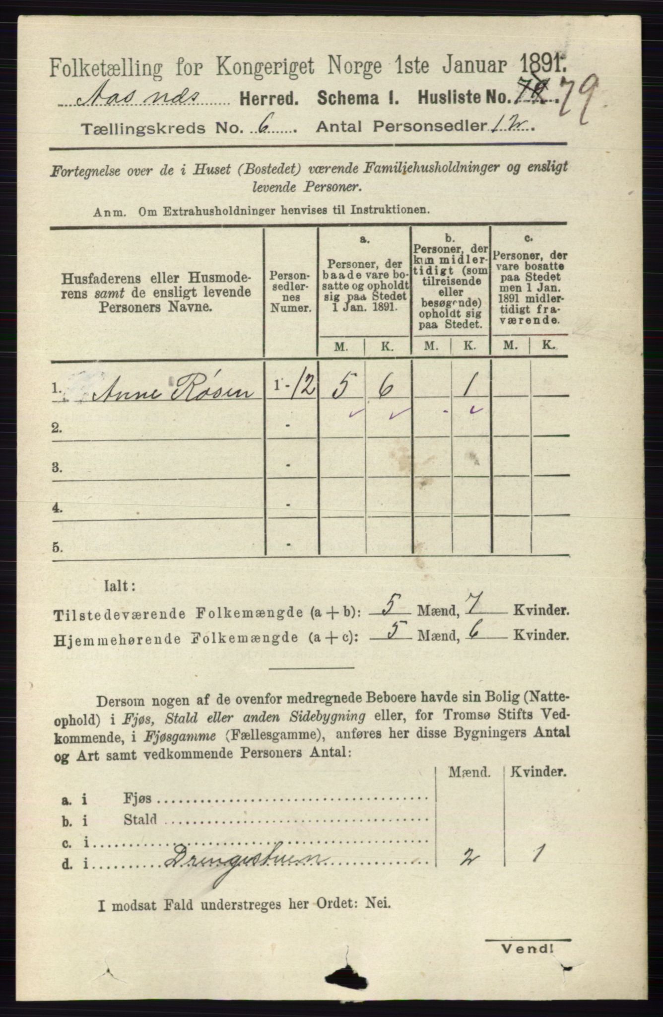 RA, 1891 census for 0425 Åsnes, 1891, p. 2789