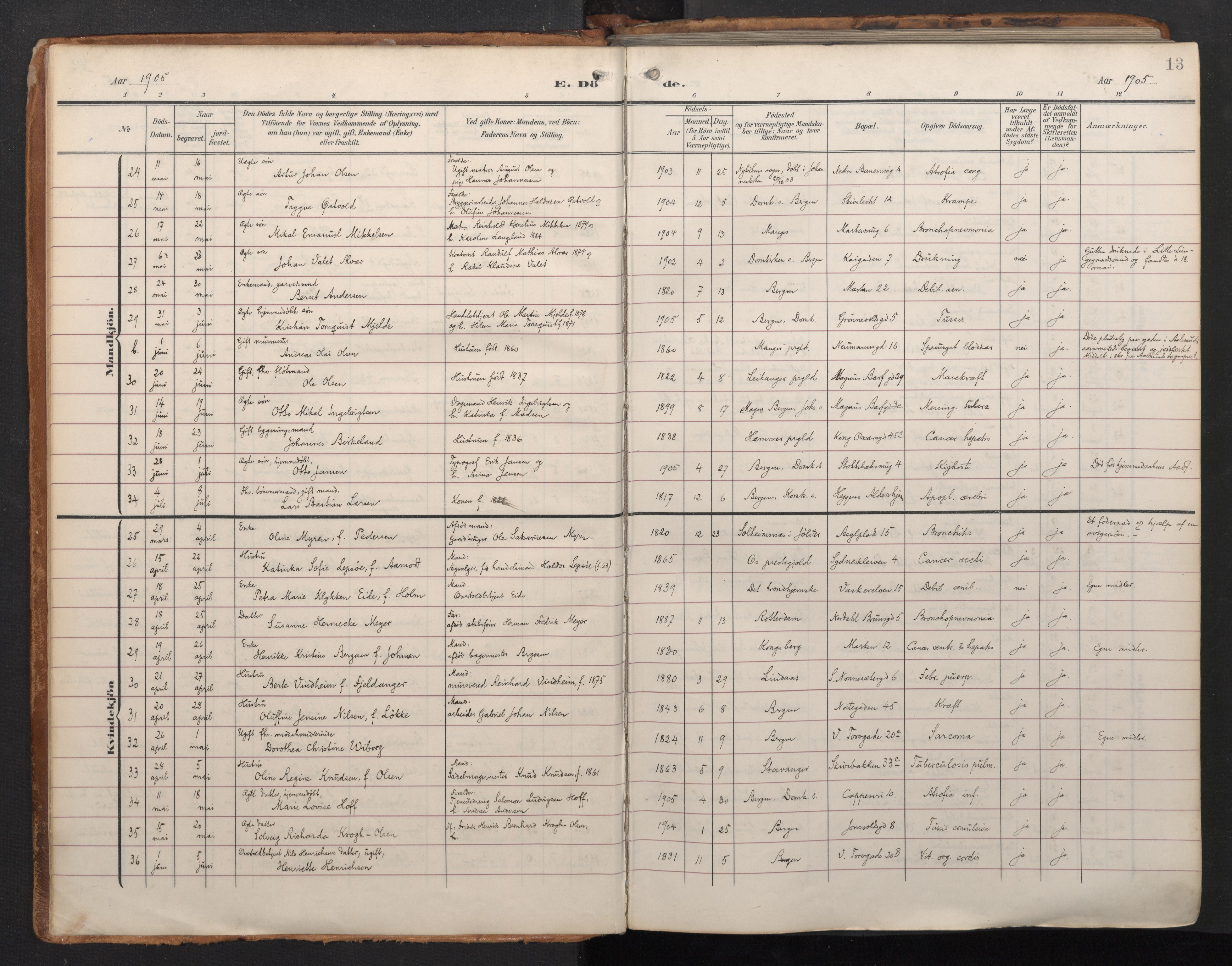 Domkirken sokneprestembete, AV/SAB-A-74801/H/Haa/L0044: Parish register (official) no. E 6, 1904-1946, p. 12b-13a