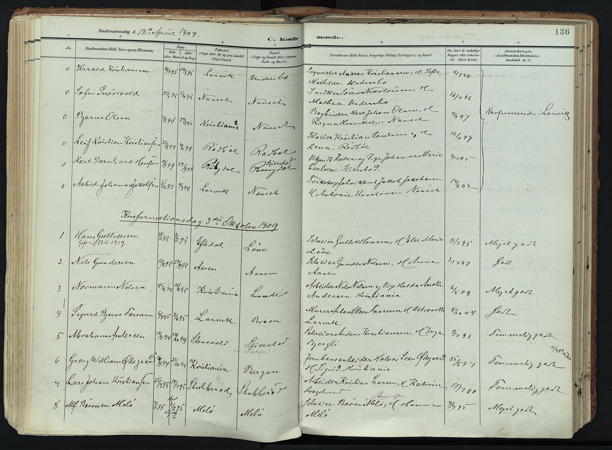 Hedrum kirkebøker, SAKO/A-344/F/Fa/L0010: Parish register (official) no. I 10, 1904-1918, p. 136