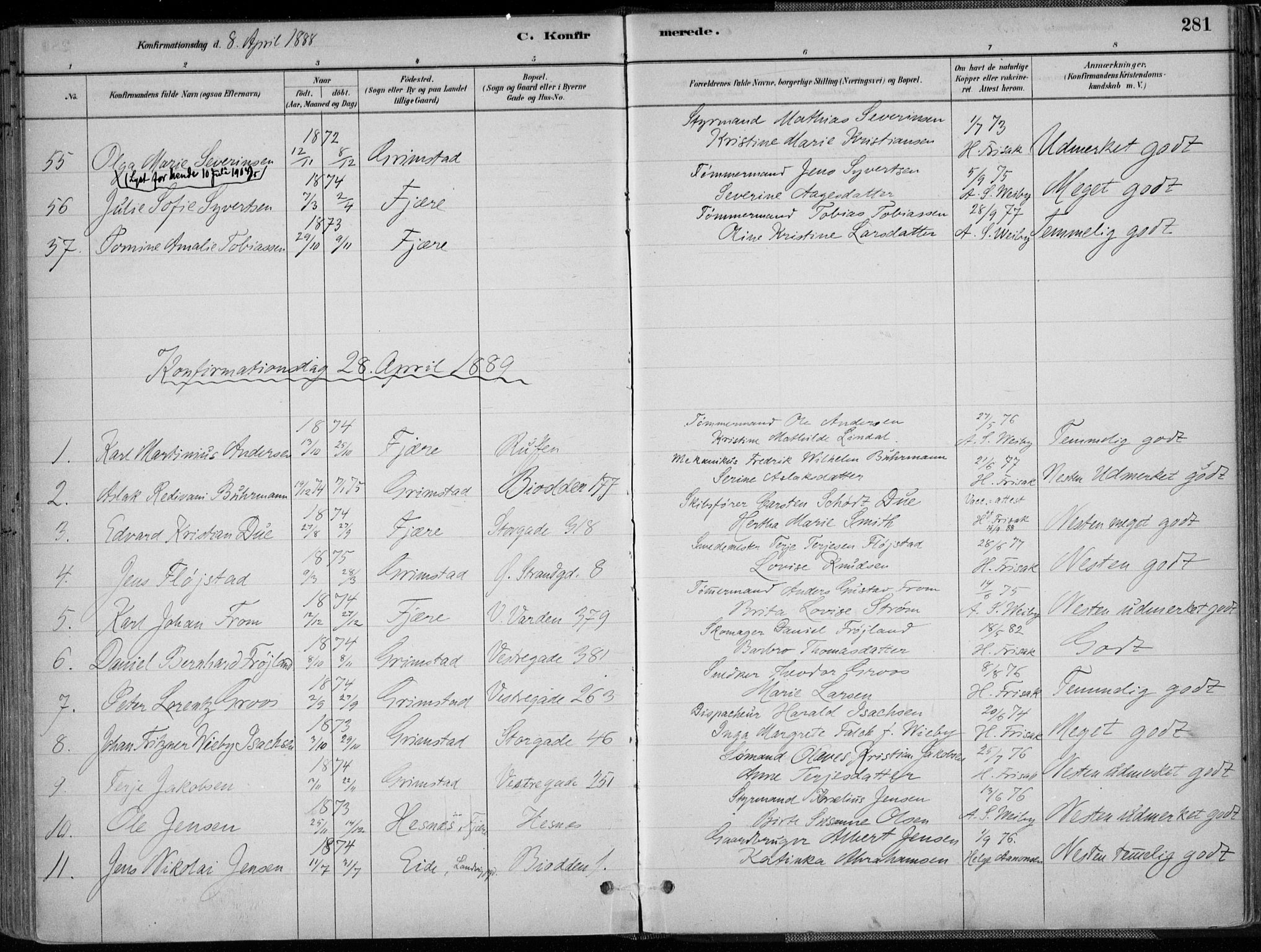 Grimstad sokneprestkontor, AV/SAK-1111-0017/F/Fa/L0003: Parish register (official) no. A 2, 1882-1912, p. 281