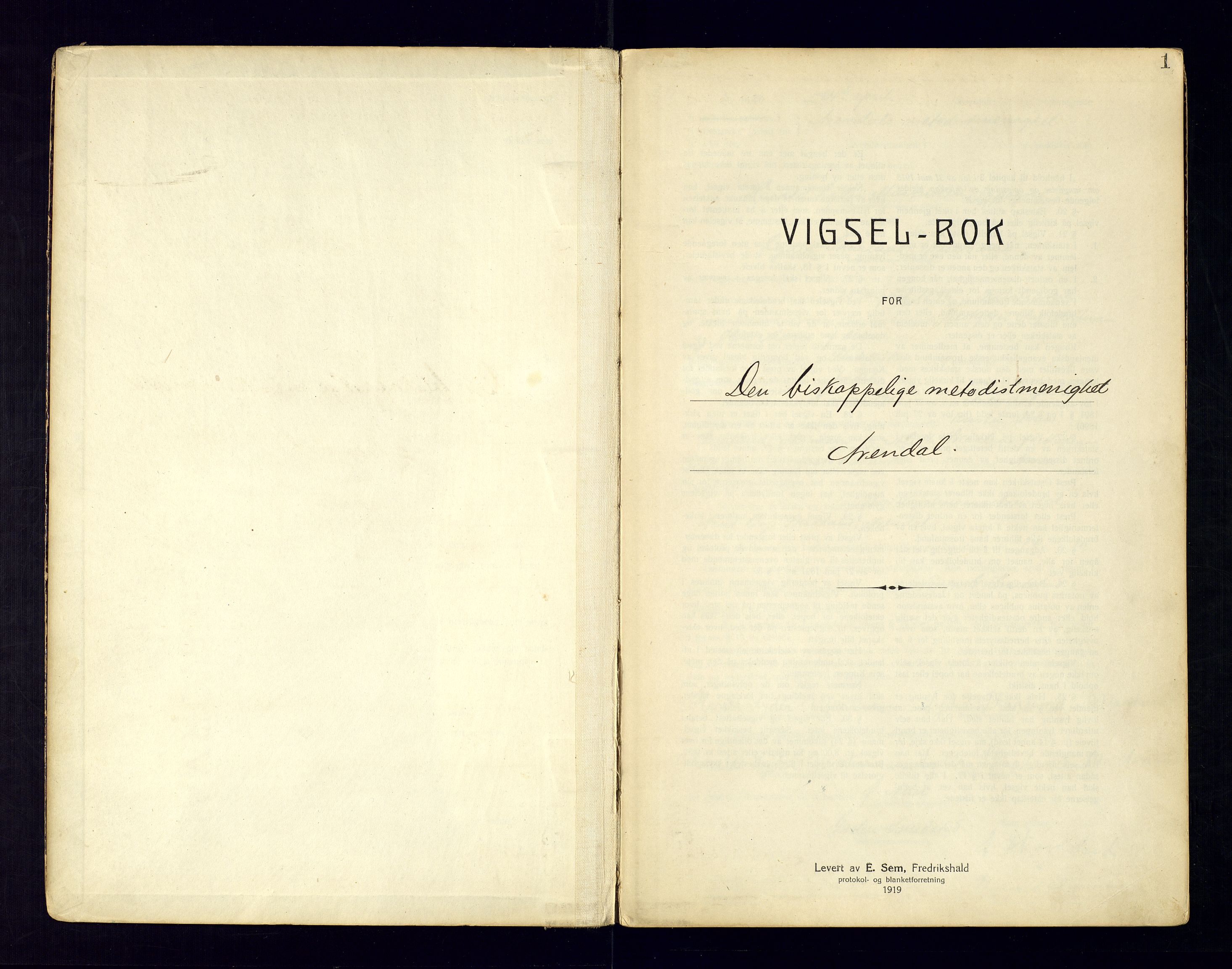 Metodistmenigheten, Arendal, SAK/1292-0011/F/Fc/L0001/0002: Marriage register (dissenter) no. 1.2, 1920-1970, p. 1