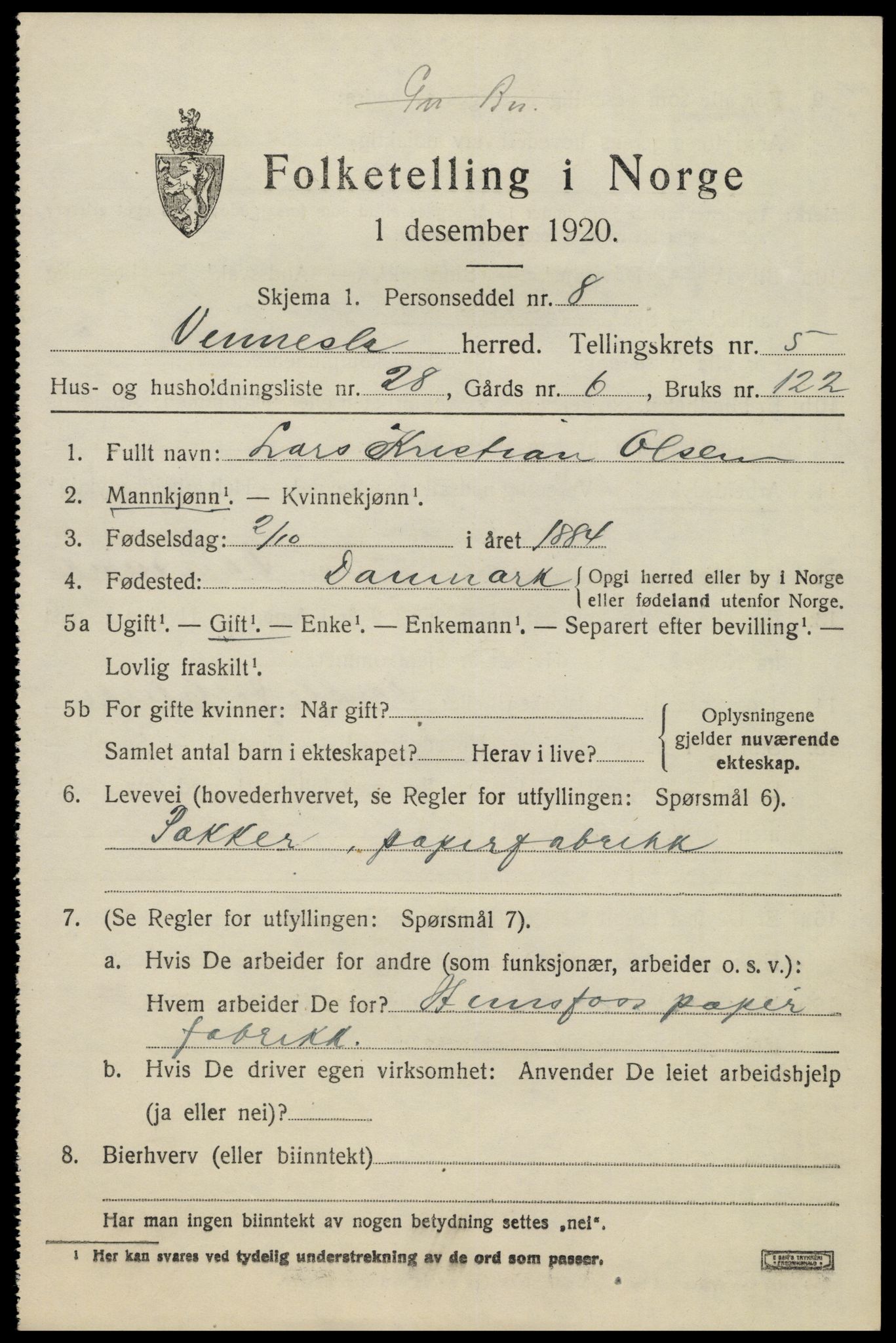 SAK, 1920 census for Vennesla, 1920, p. 3706