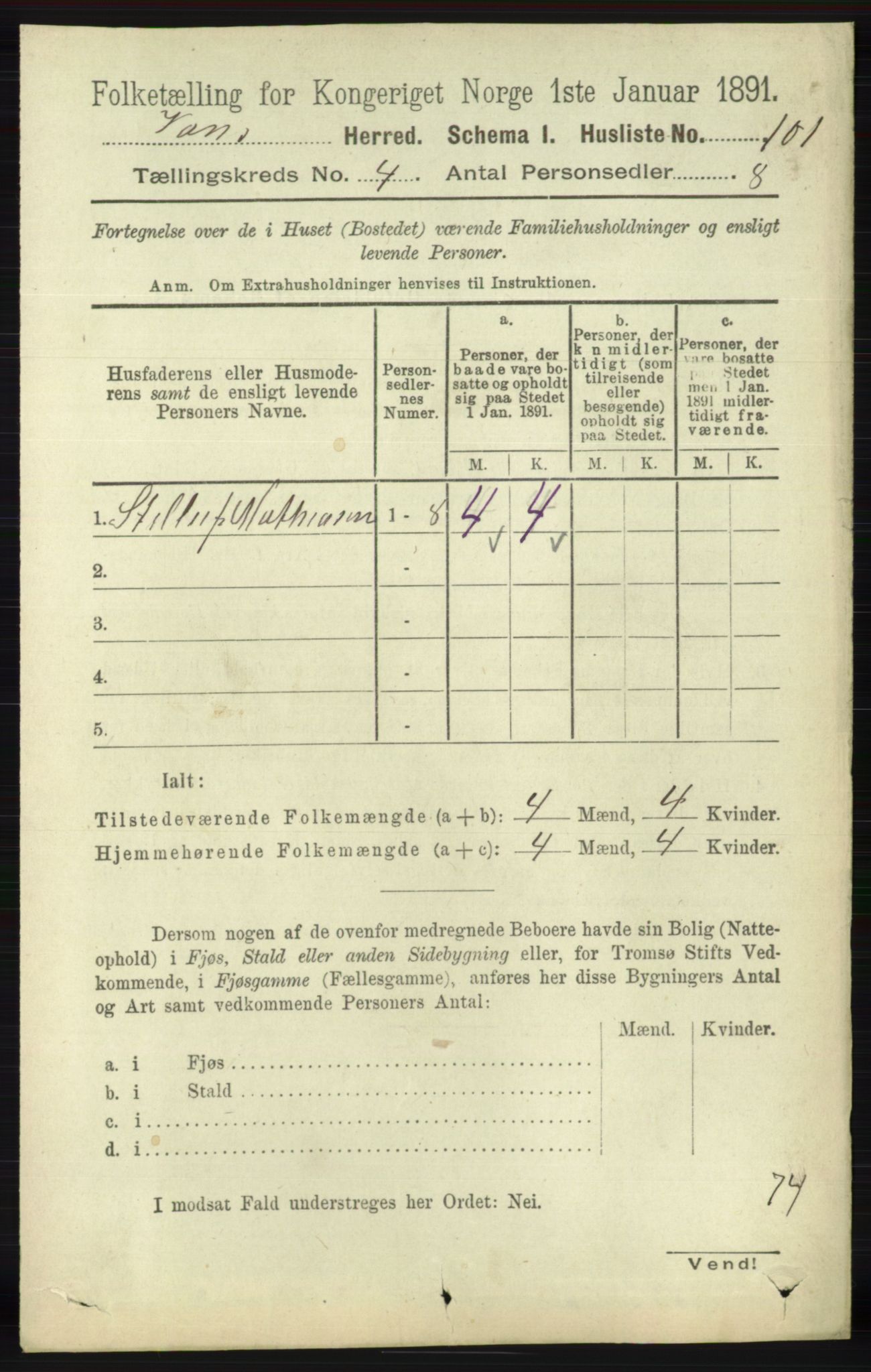 RA, 1891 census for 1041 Vanse, 1891, p. 2140