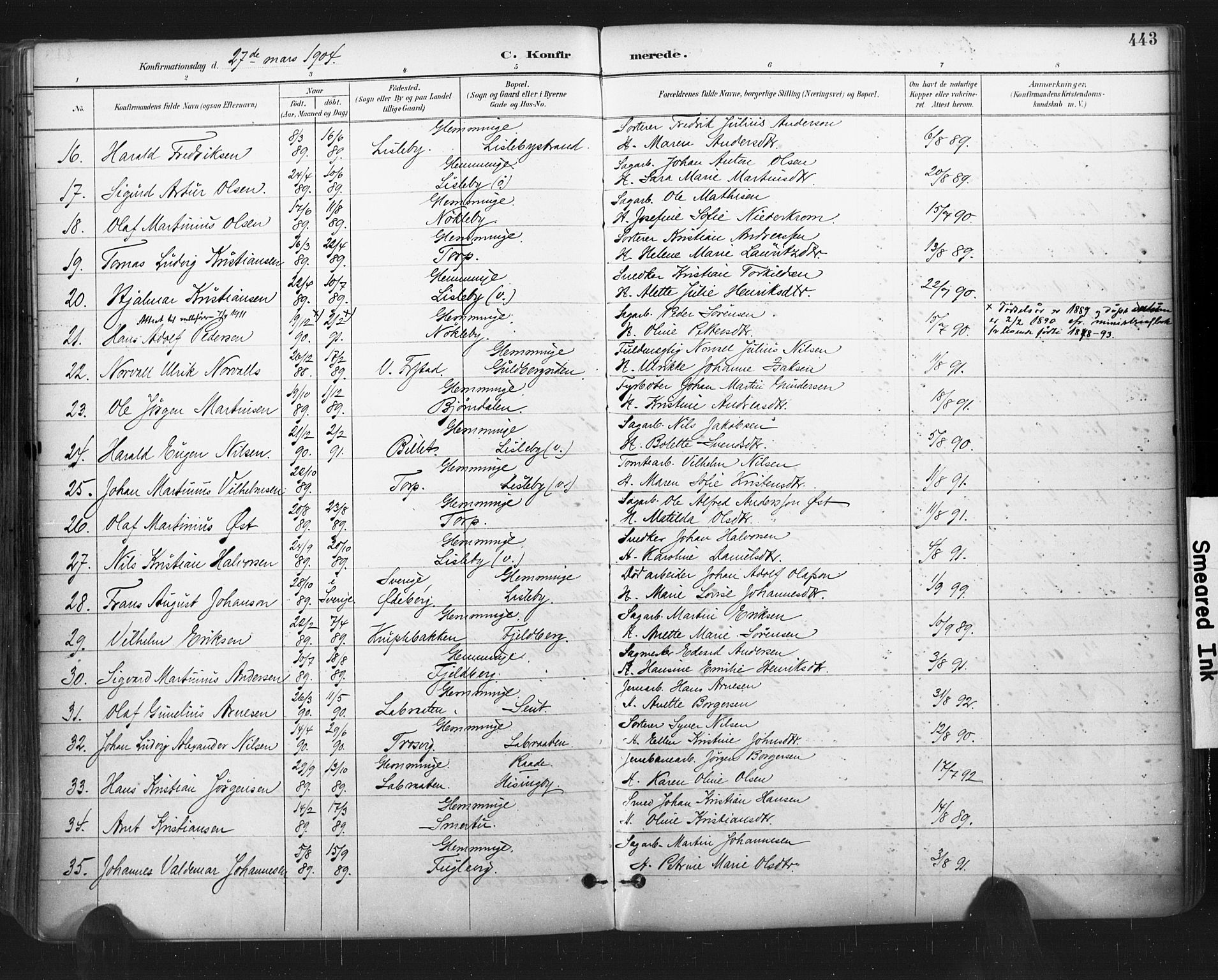 Glemmen prestekontor Kirkebøker, SAO/A-10908/F/Fa/L0013: Parish register (official) no. 13, 1892-1907, p. 443