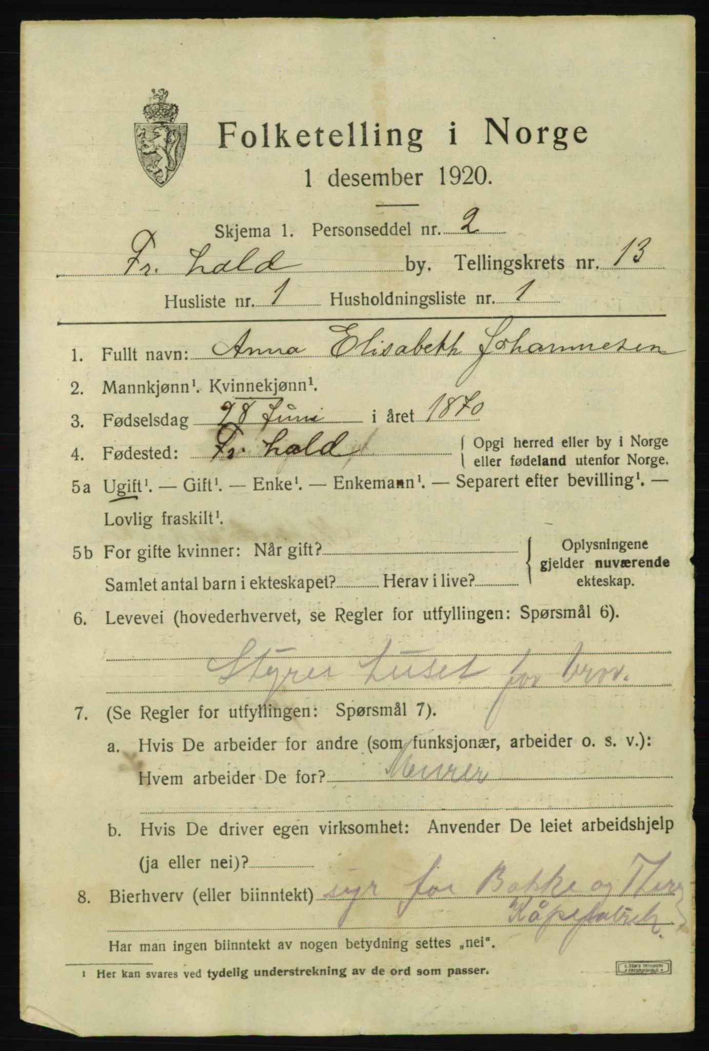 SAO, 1920 census for Fredrikshald, 1920, p. 20665