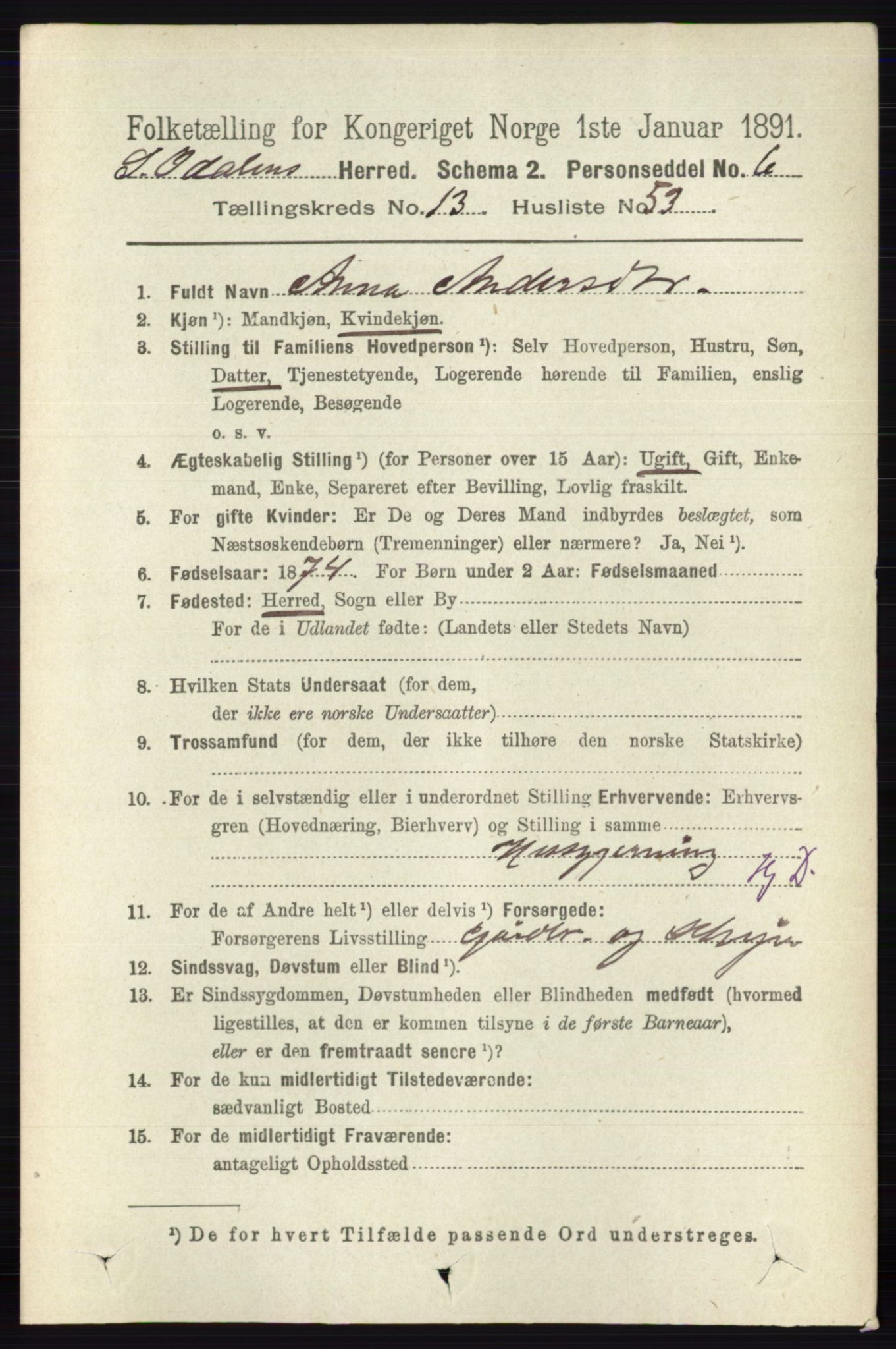 RA, 1891 census for 0419 Sør-Odal, 1891, p. 5909