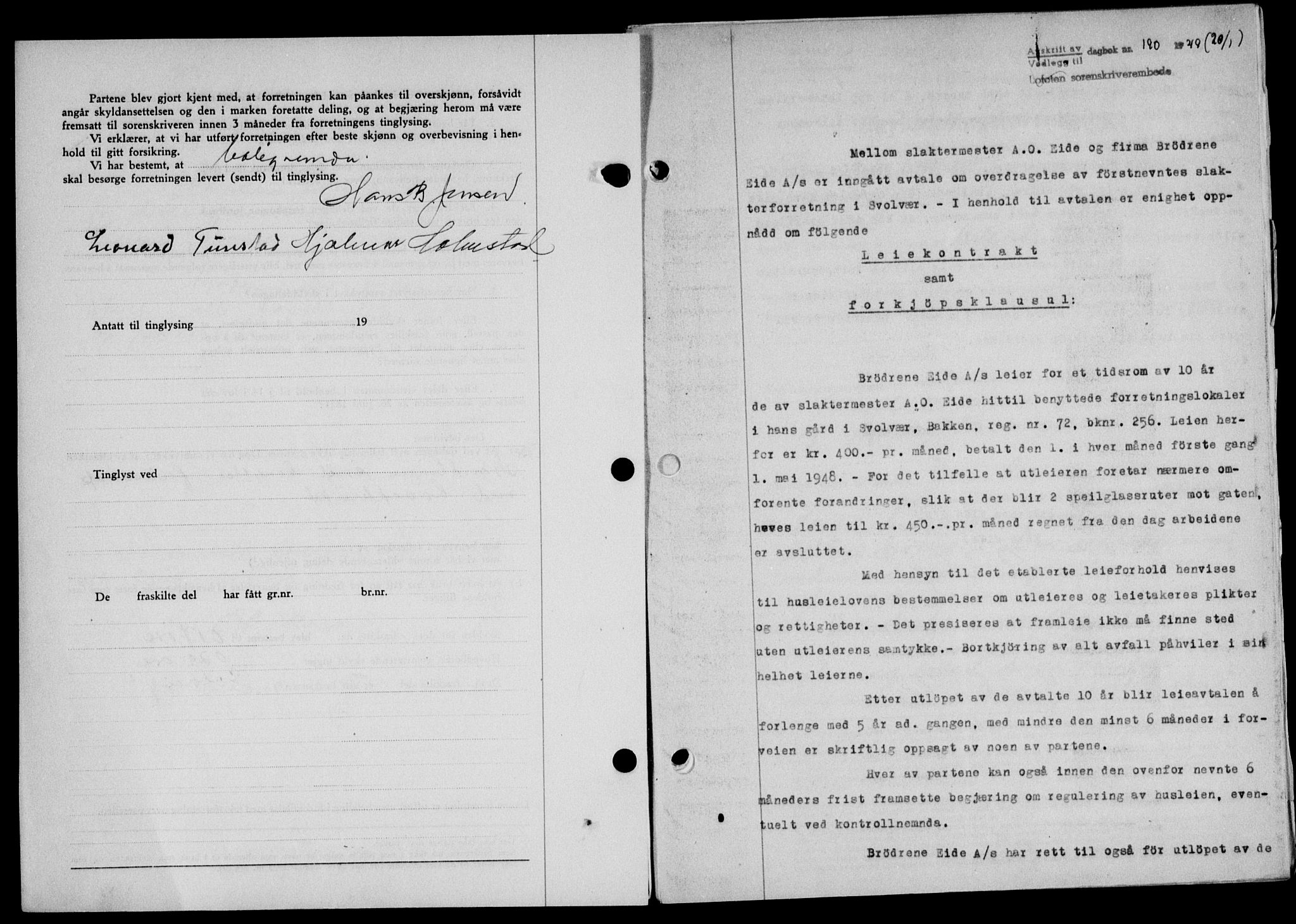Lofoten sorenskriveri, SAT/A-0017/1/2/2C/L0020a: Mortgage book no. 20a, 1948-1949, Diary no: : 180/1949