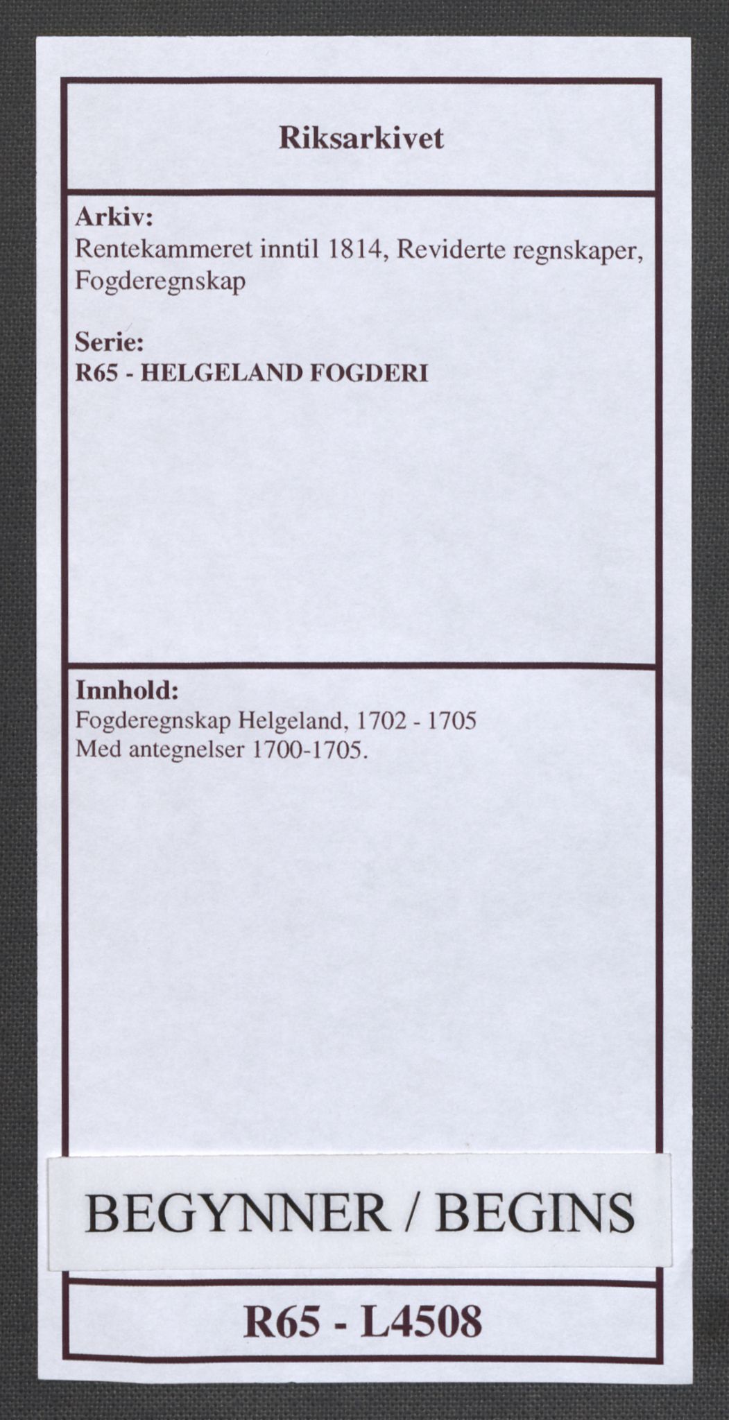 Rentekammeret inntil 1814, Reviderte regnskaper, Fogderegnskap, AV/RA-EA-4092/R65/L4508: Fogderegnskap Helgeland, 1702-1705, p. 1