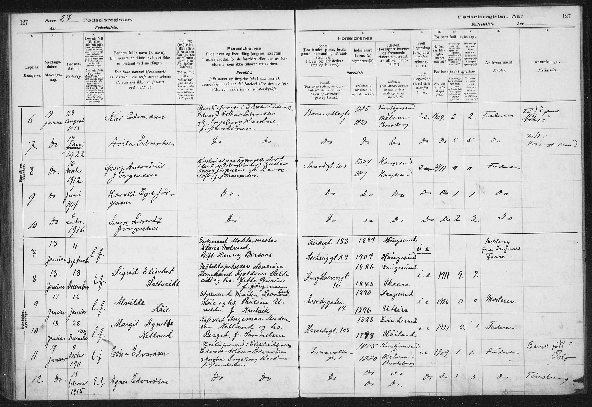 Haugesund sokneprestkontor, AV/SAST-A -101863/I/Id/L0005: Birth register no. 3, 1923-1929, p. 127