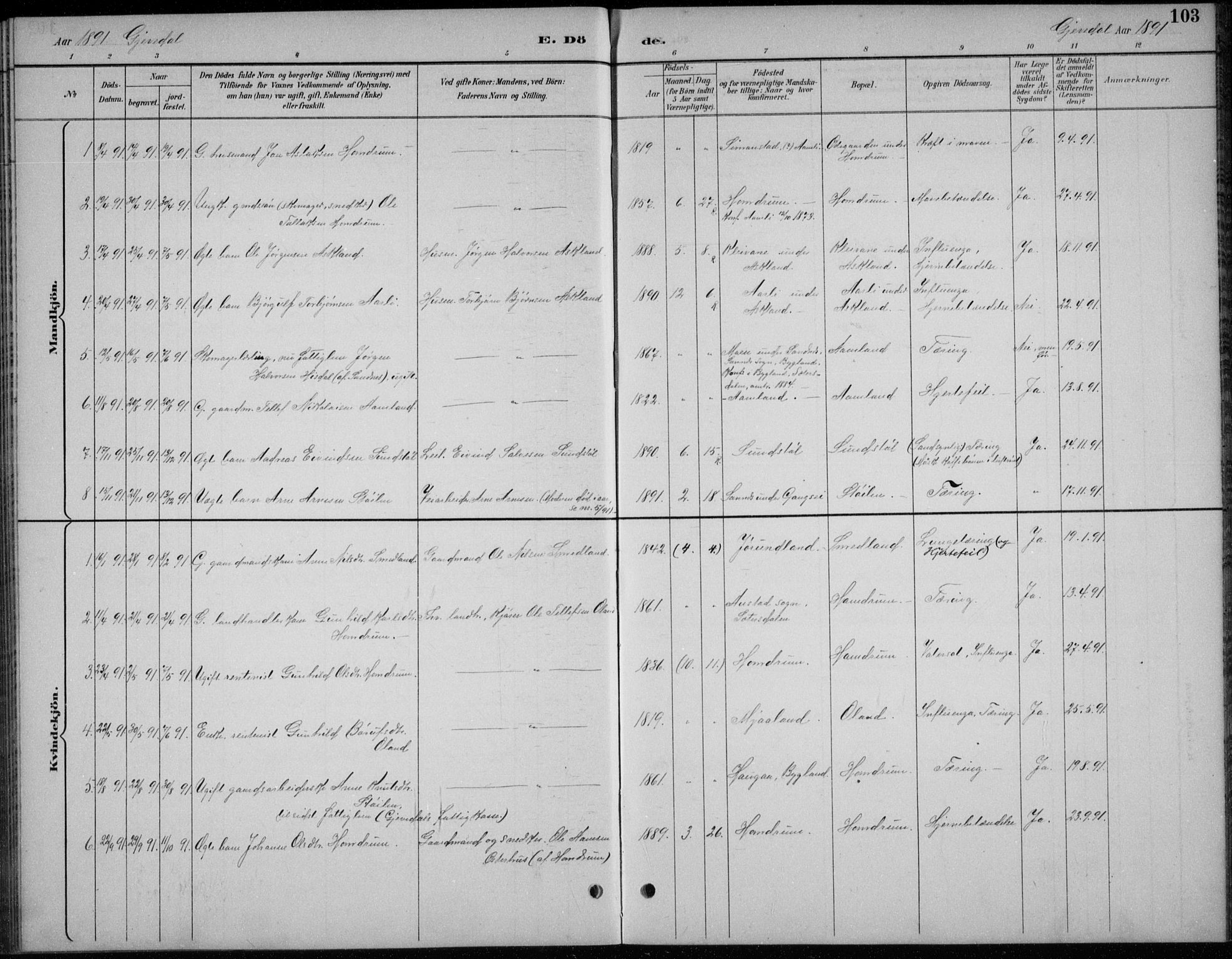 Åmli sokneprestkontor, AV/SAK-1111-0050/F/Fb/Fba/L0002: Parish register (copy) no. B 2, 1890-1912, p. 103