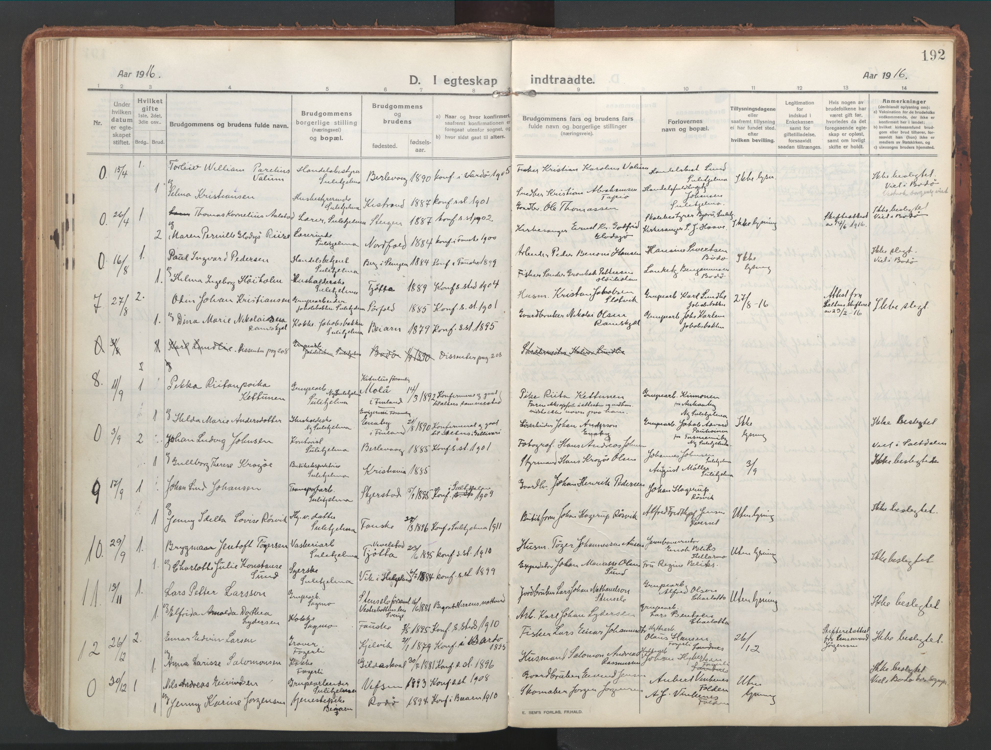 Ministerialprotokoller, klokkerbøker og fødselsregistre - Nordland, AV/SAT-A-1459/850/L0715: Curate's parish register no. 850B05, 1913-1924, p. 192