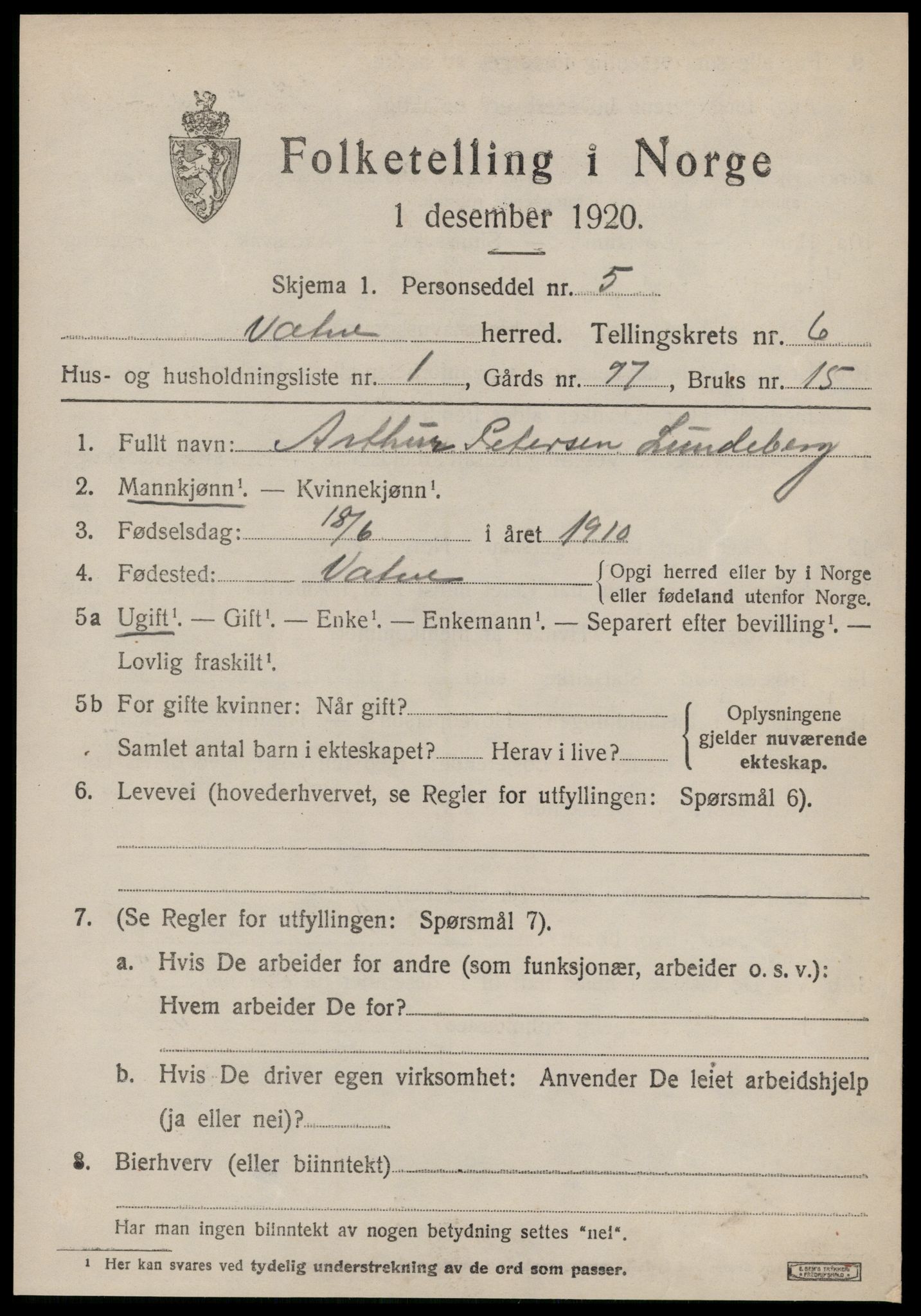 SAT, 1920 census for Vatne, 1920, p. 2700