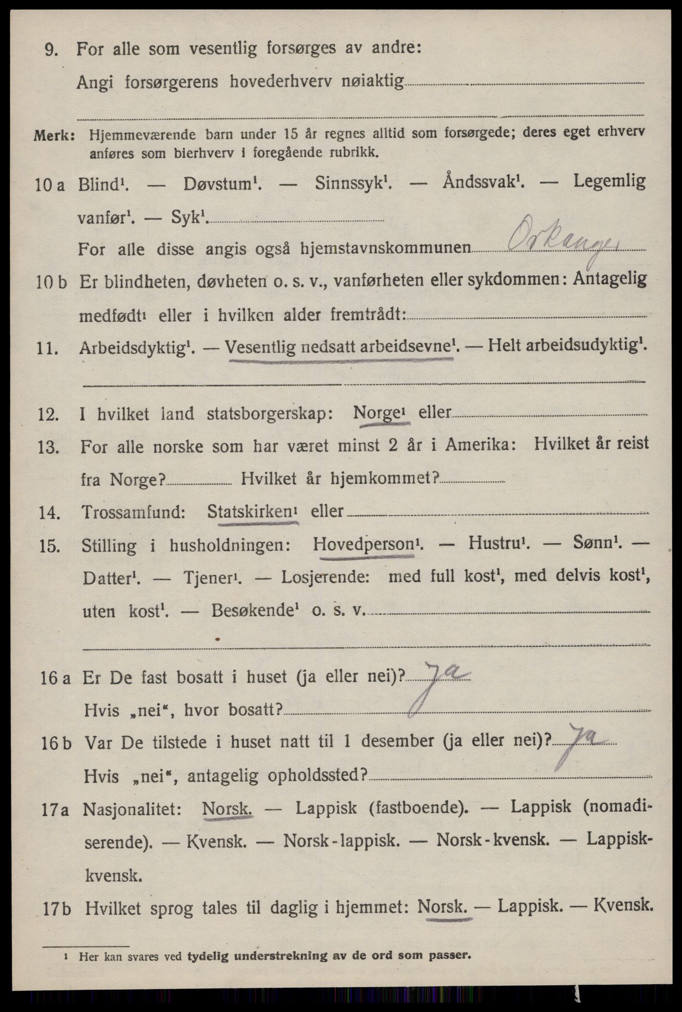 SAT, 1920 census for Orkanger, 1920, p. 3476