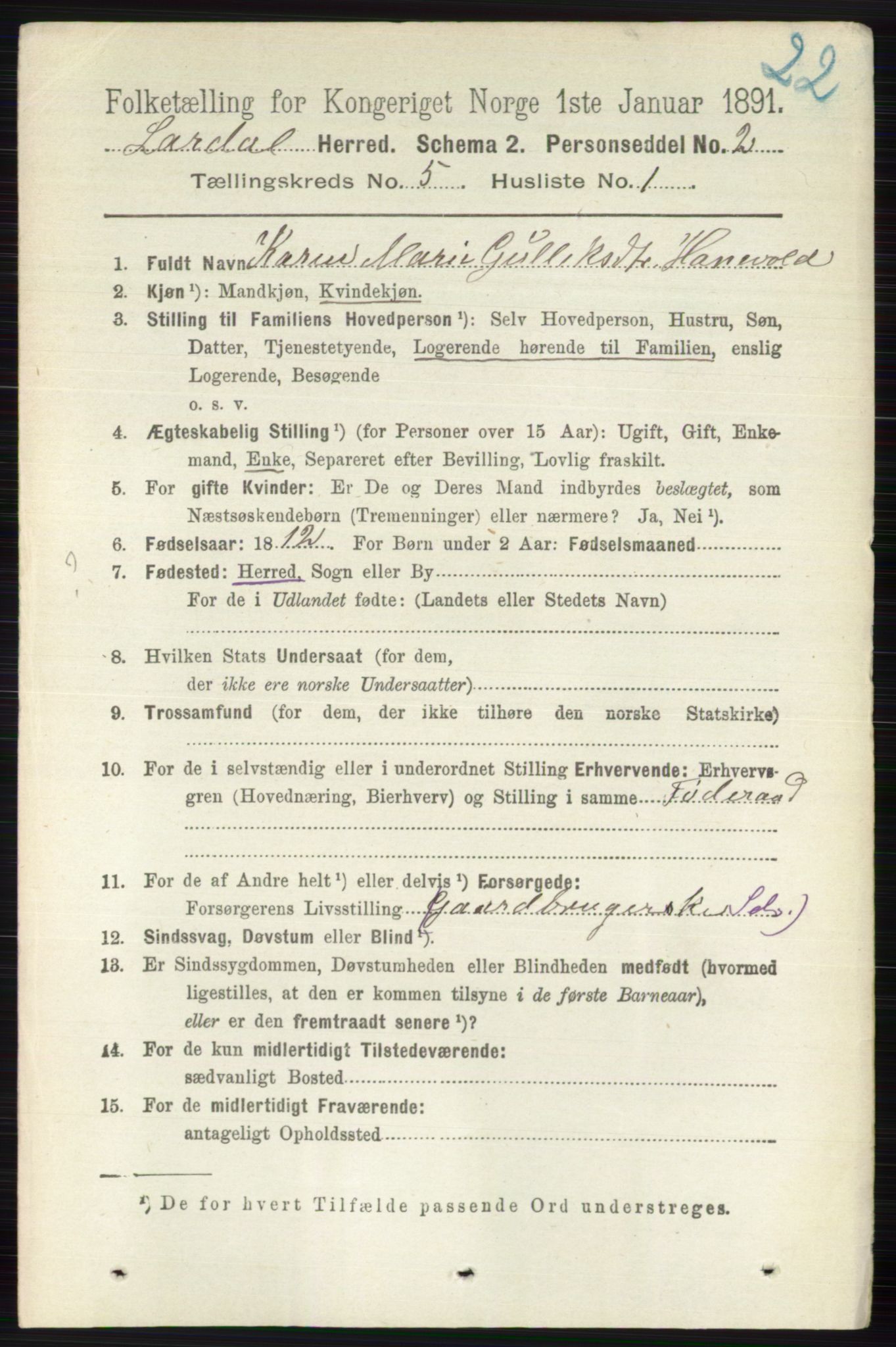 RA, 1891 census for 0728 Lardal, 1891, p. 2703