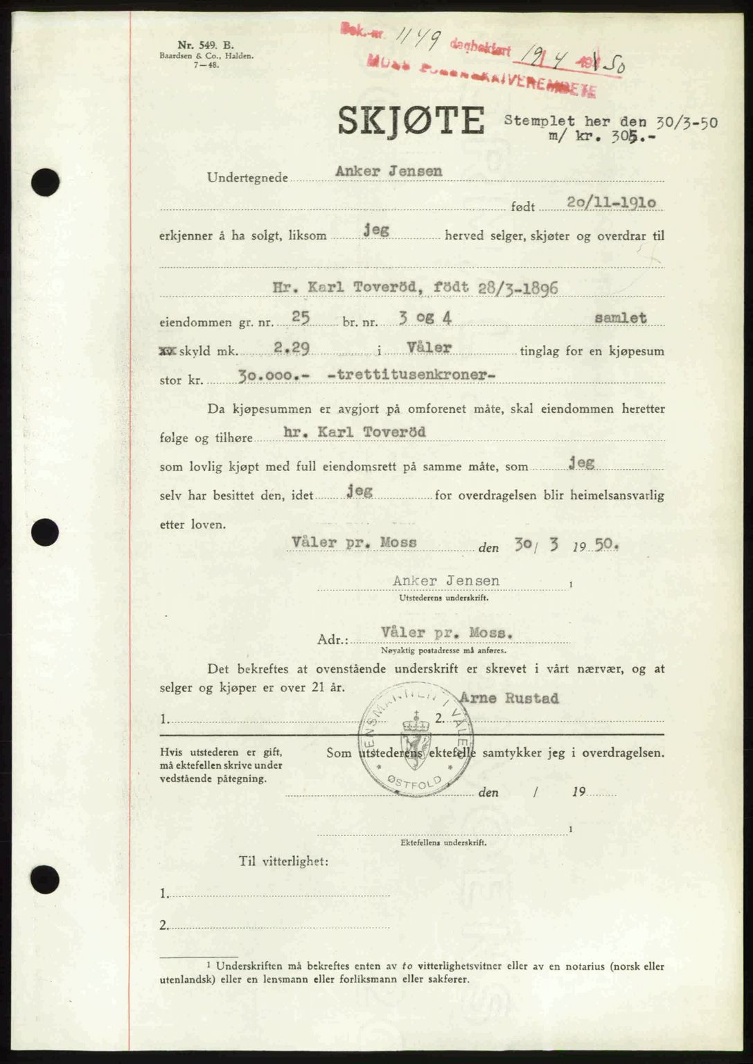 Moss sorenskriveri, SAO/A-10168: Mortgage book no. A25, 1950-1950, Diary no: : 1149/1950
