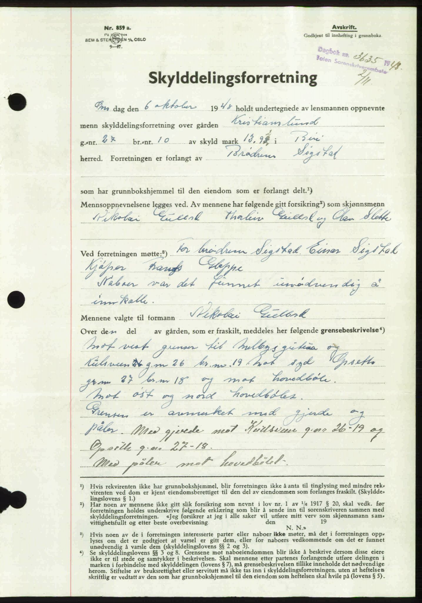 Toten tingrett, AV/SAH-TING-006/H/Hb/Hbc/L0021: Mortgage book no. Hbc-21, 1948-1949, Diary no: : 3635/1948