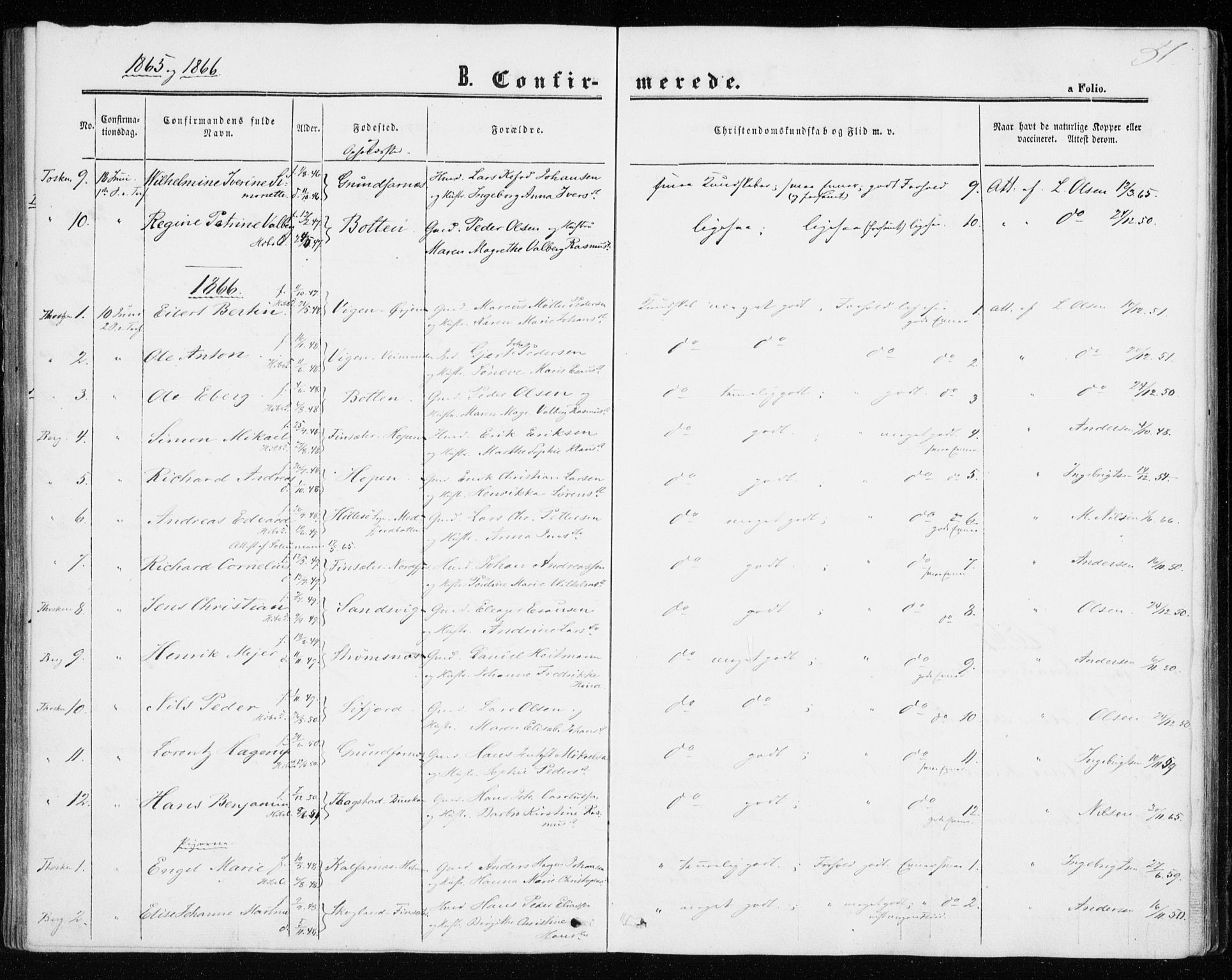 Berg sokneprestkontor, SATØ/S-1318/G/Ga/Gaa/L0002kirke: Parish register (official) no. 2, 1860-1872, p. 51