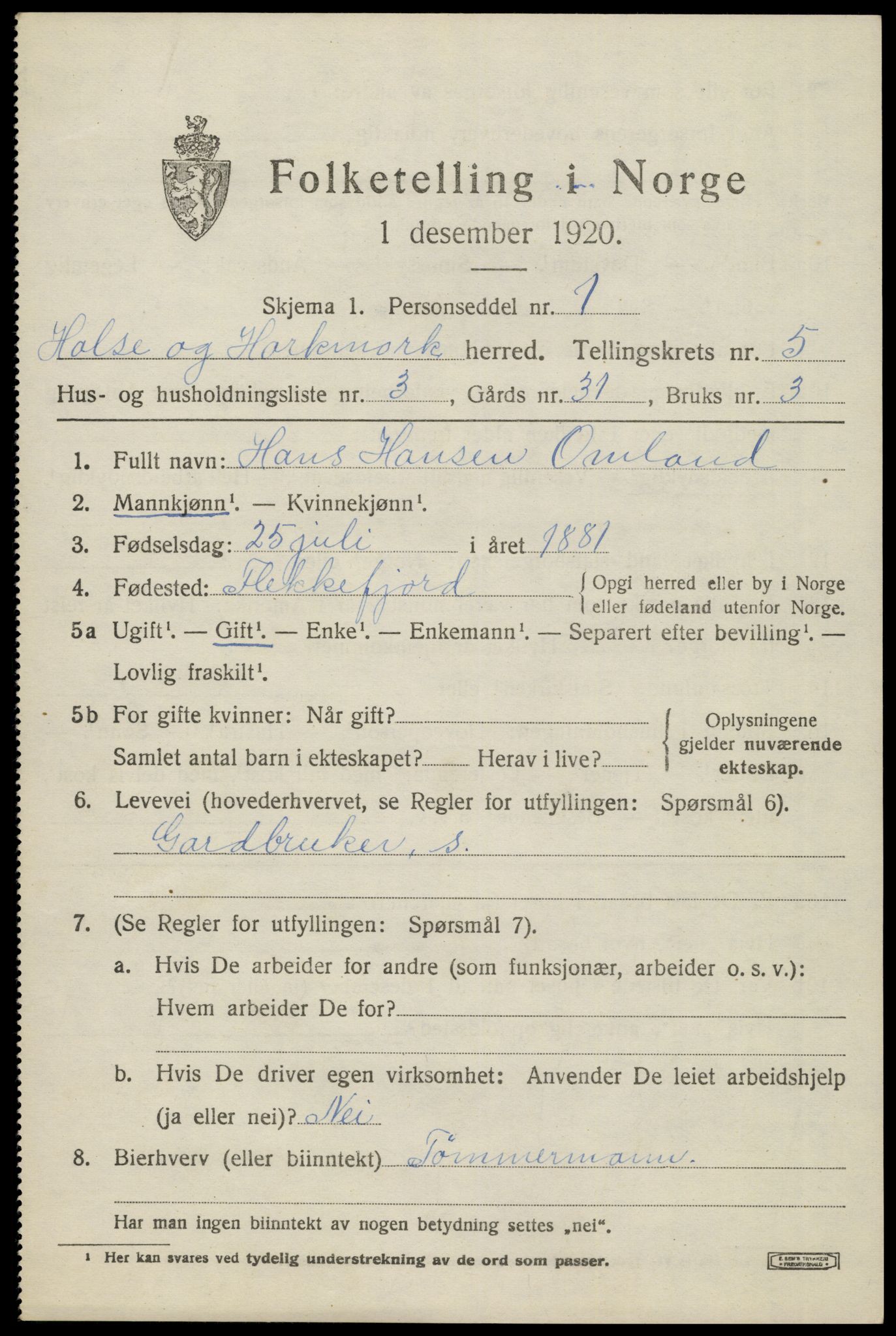 SAK, 1920 census for Halse og Harkmark, 1920, p. 3062