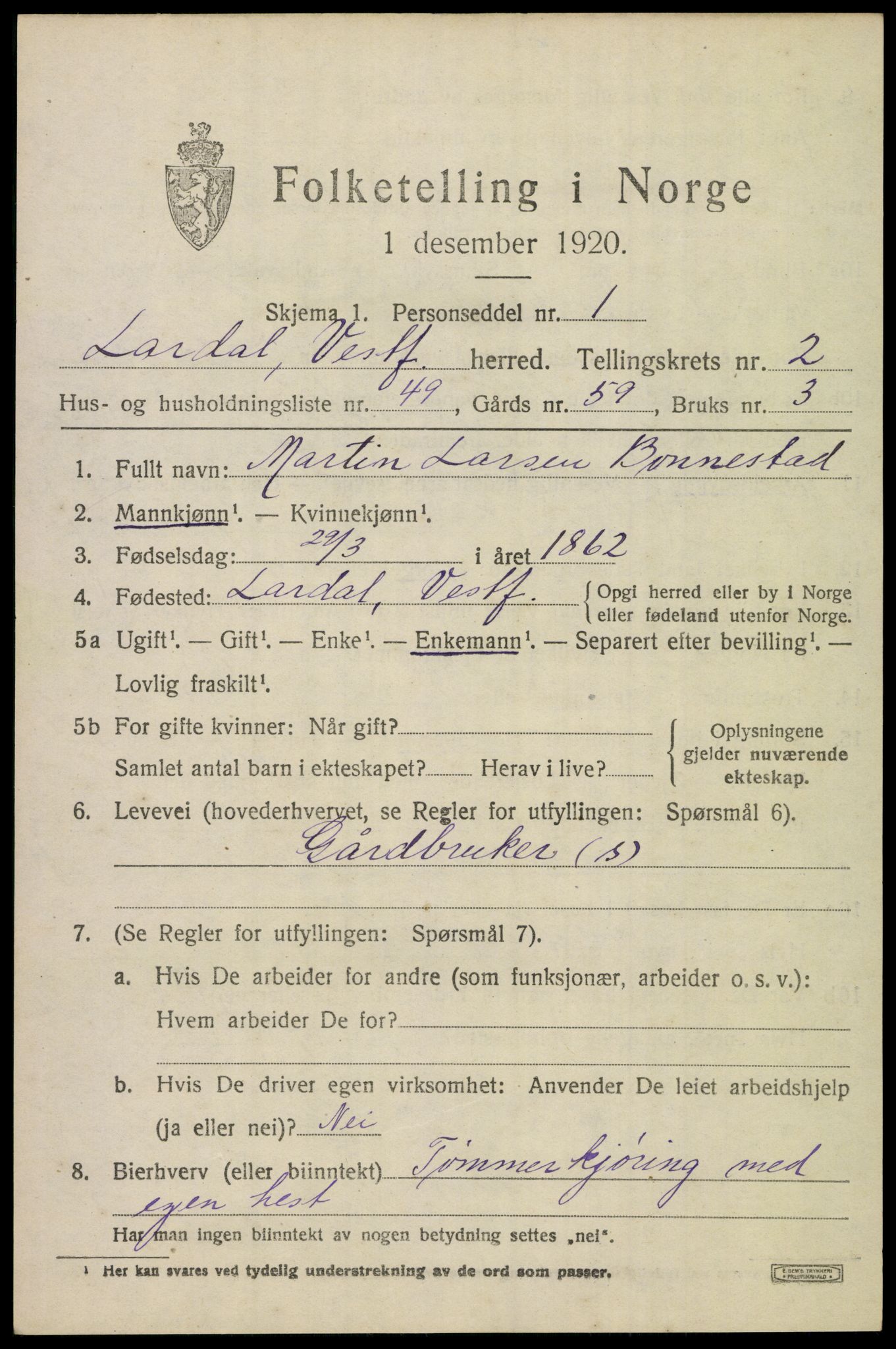 SAKO, 1920 census for Lardal, 1920, p. 2495