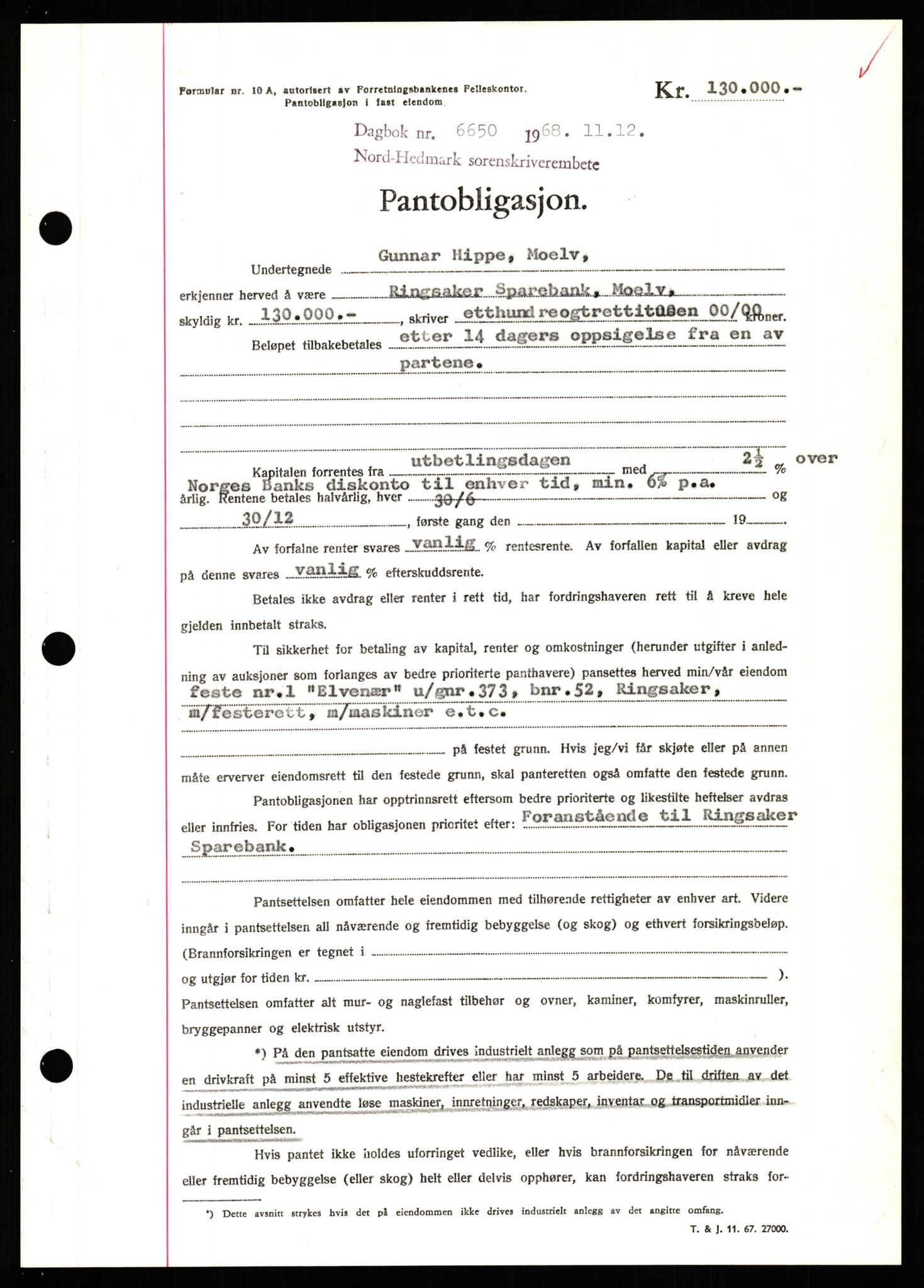 Nord-Hedmark sorenskriveri, SAH/TING-012/H/Hb/Hbf/L0077: Mortgage book no. B77, 1968-1969, Diary no: : 6650/1968