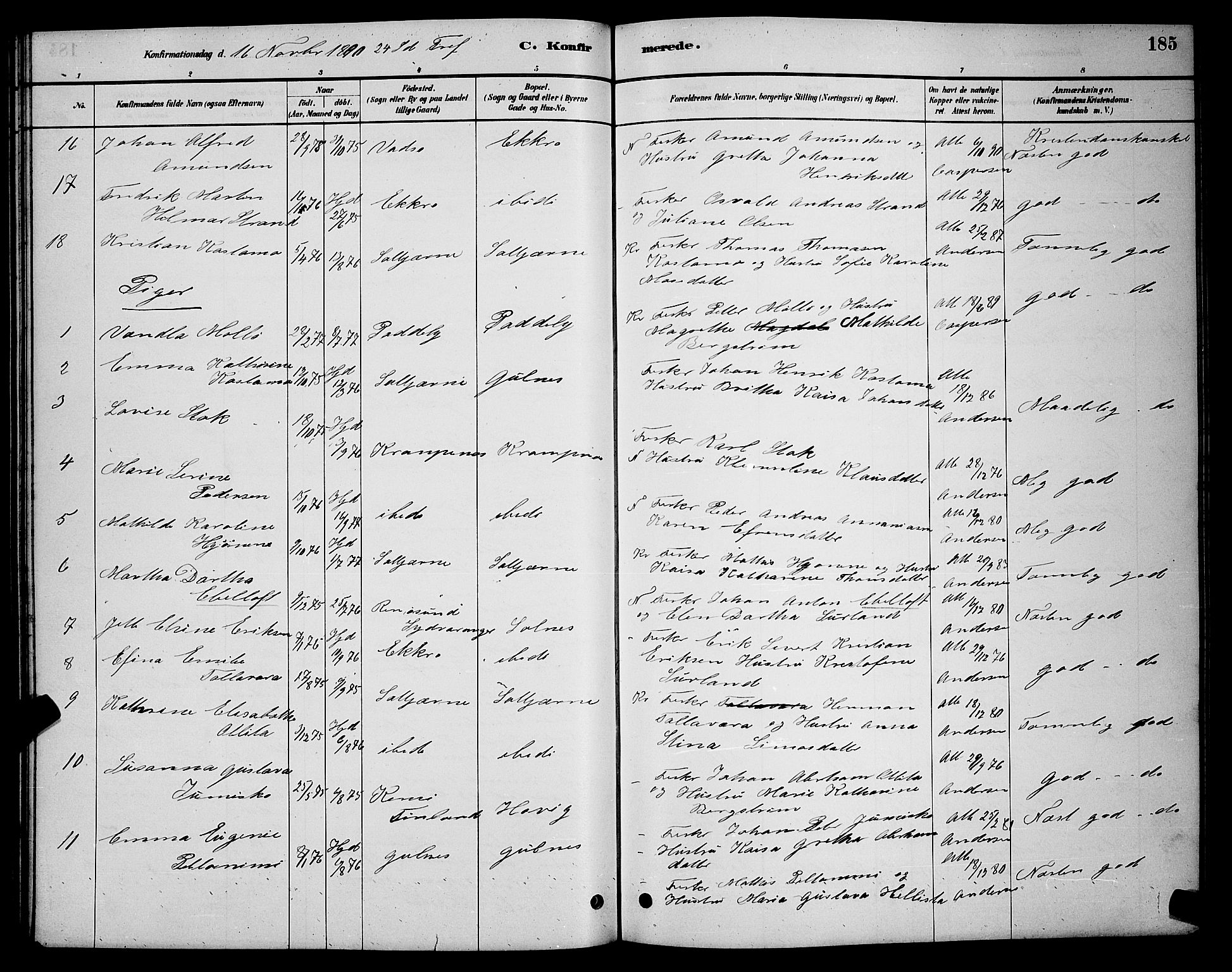 Vadsø sokneprestkontor, SATØ/S-1325/H/Hb/L0003klokker: Parish register (copy) no. 3, 1881-1901, p. 185