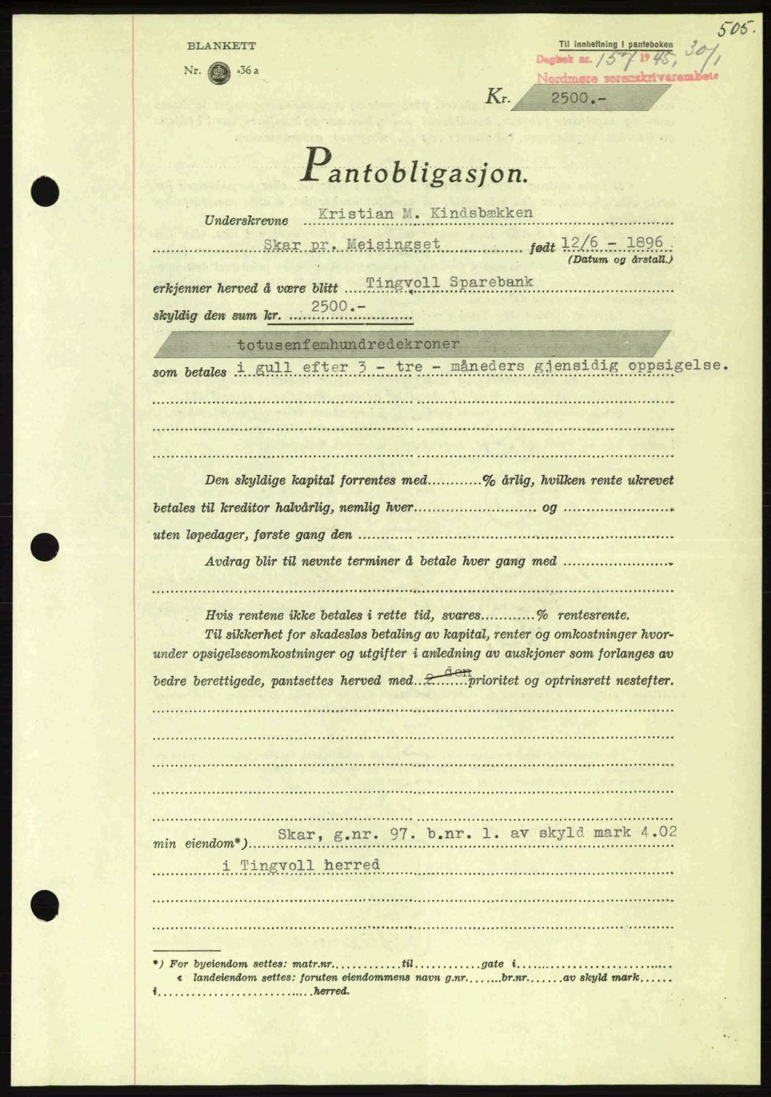 Nordmøre sorenskriveri, AV/SAT-A-4132/1/2/2Ca: Mortgage book no. B92, 1944-1945, Diary no: : 157/1945