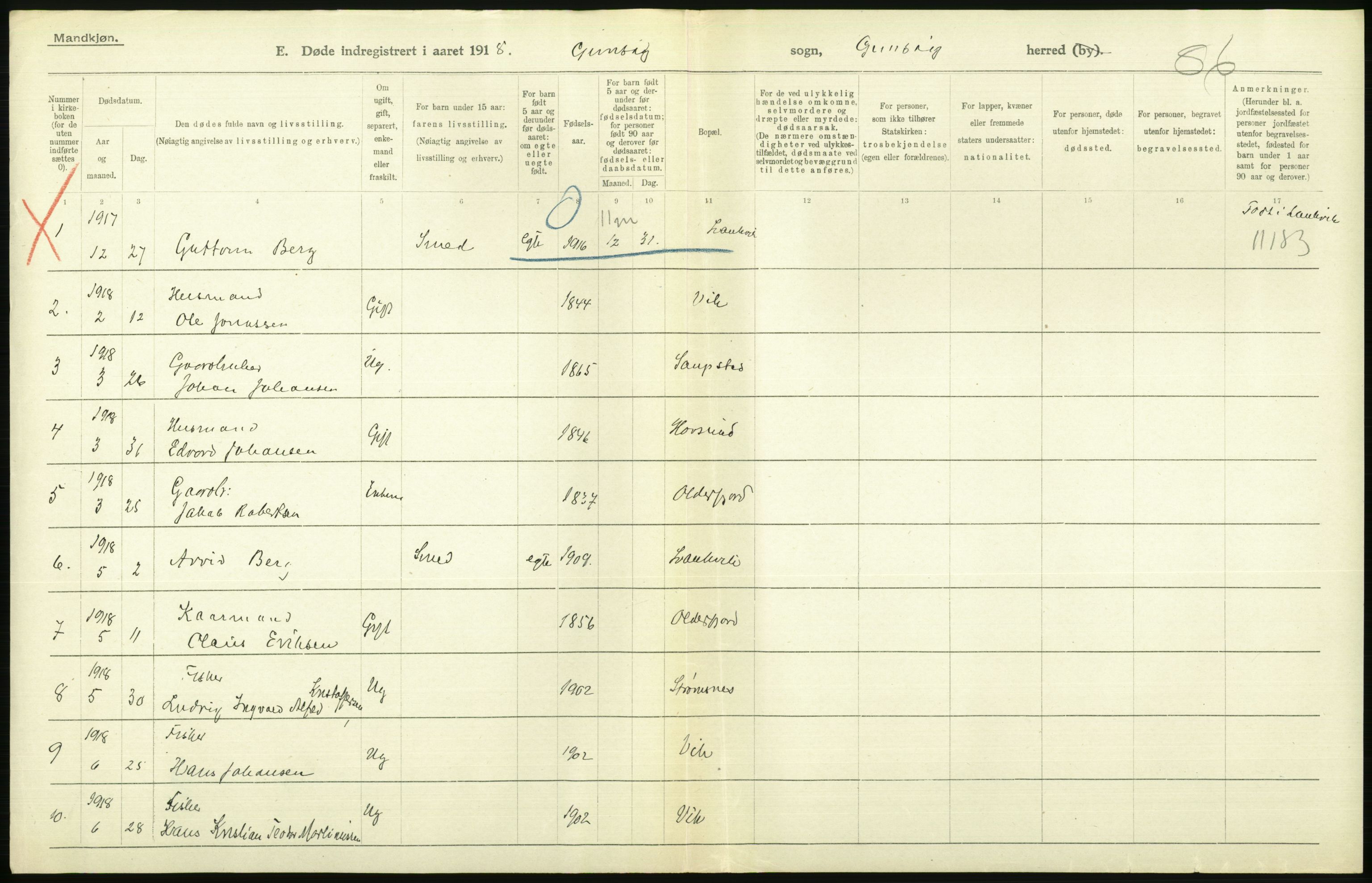 Statistisk sentralbyrå, Sosiodemografiske emner, Befolkning, RA/S-2228/D/Df/Dfb/Dfbh/L0055: Nordland fylke: Døde. Bygder og byer., 1918, p. 406