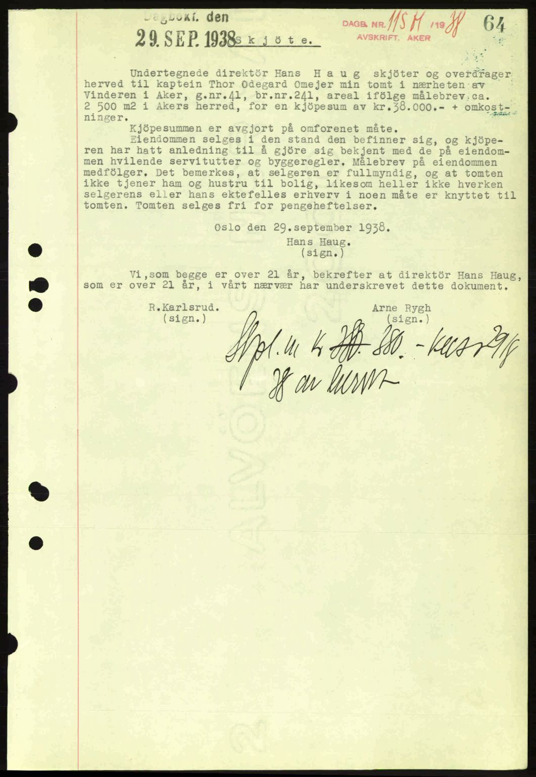 Aker herredsskriveri, SAO/A-10896/G/Gb/Gba/Gbab/L0025: Mortgage book no. A154-155, 1938-1938, Diary no: : 11571/1938