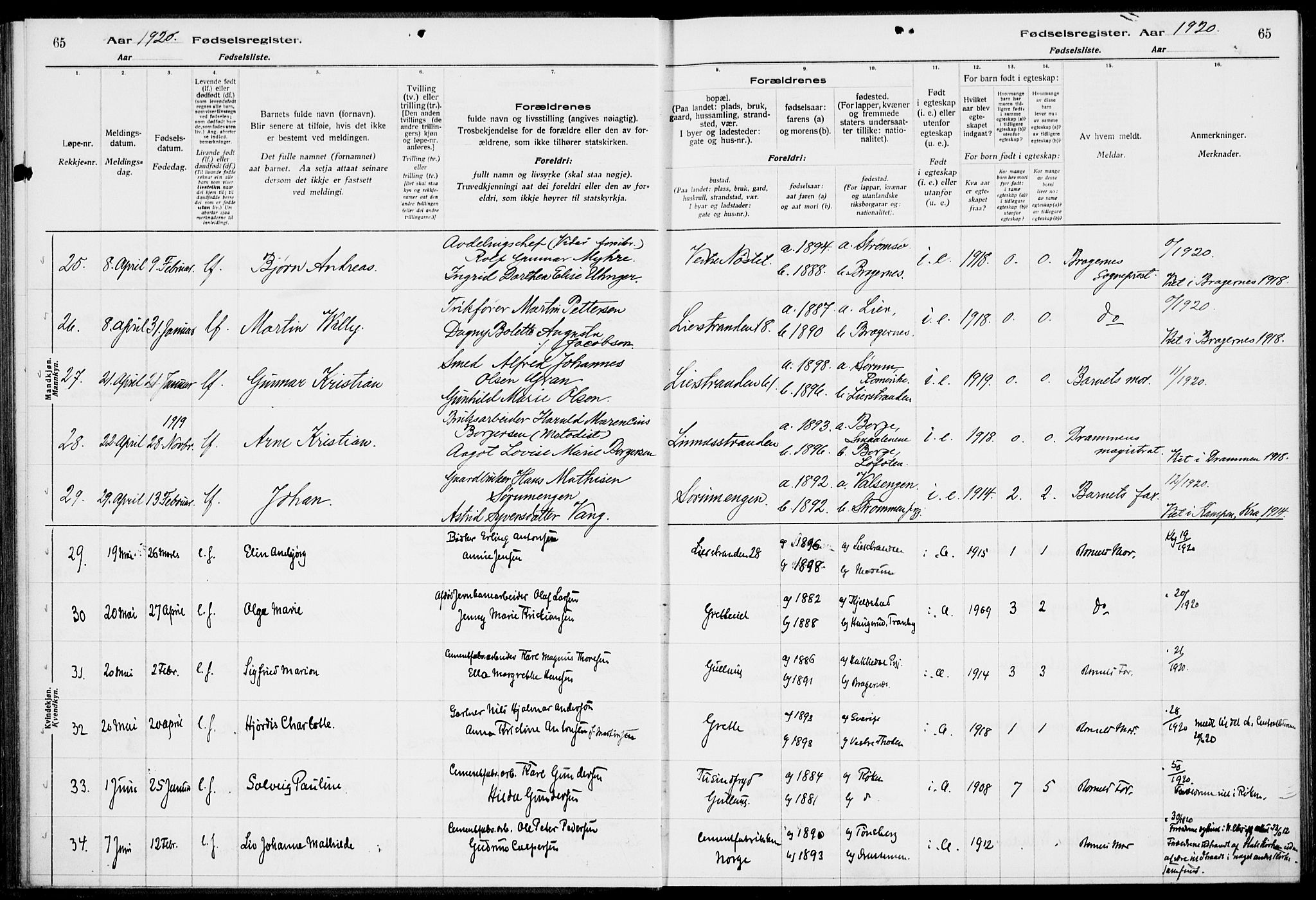 Lier kirkebøker, AV/SAKO-A-230/J/Ja/L0001: Birth register no. 1, 1916-1928, p. 65