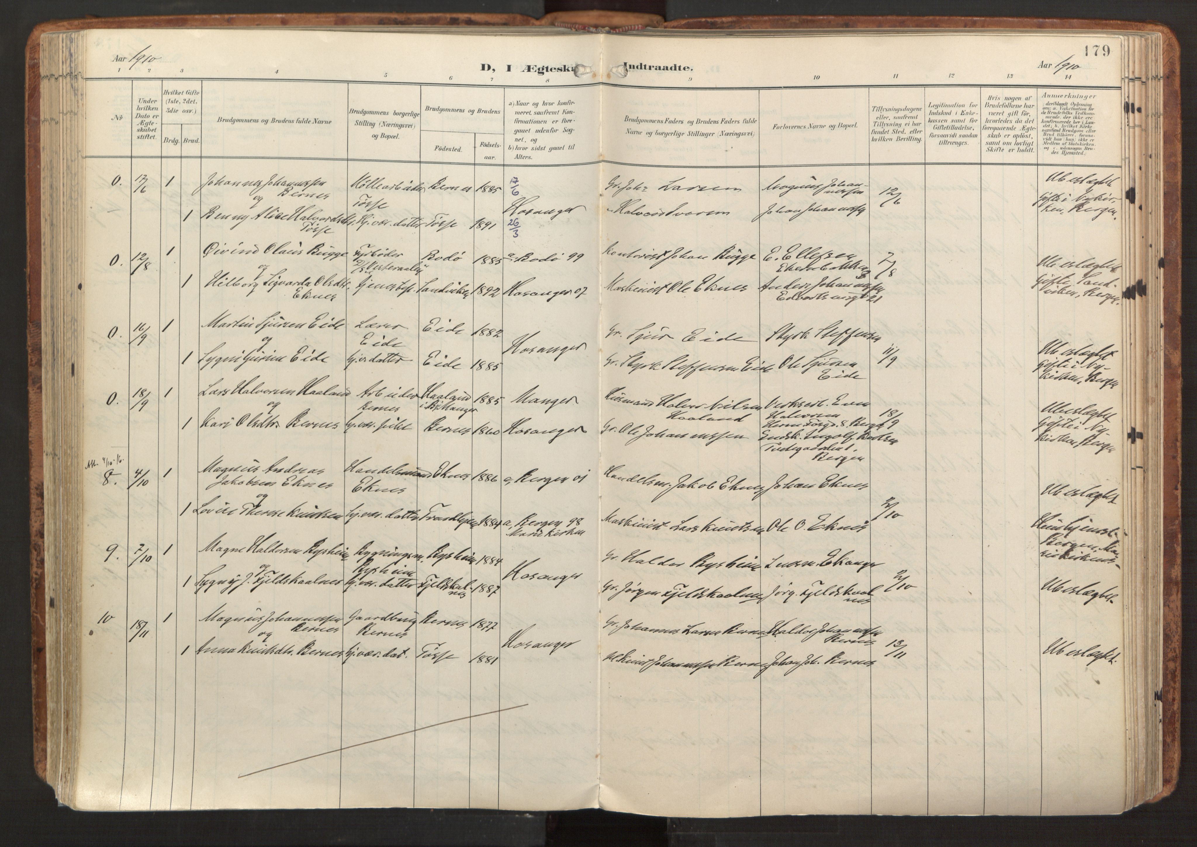 Hosanger sokneprestembete, AV/SAB-A-75801/H/Haa: Parish register (official) no. B 2, 1897-1923, p. 179