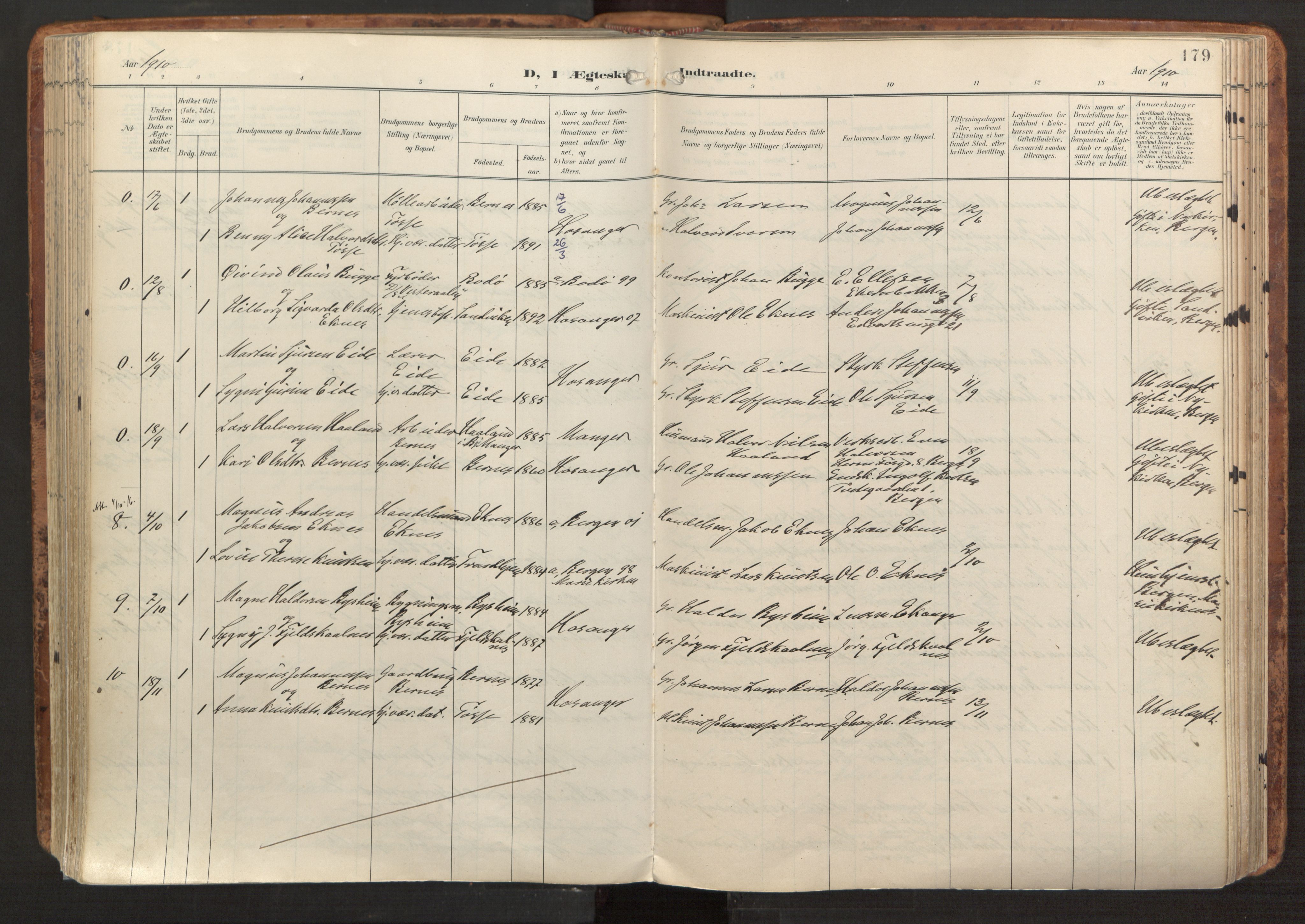 Hosanger sokneprestembete, SAB/A-75801/H/Haa: Parish register (official) no. B 2, 1897-1923, p. 179