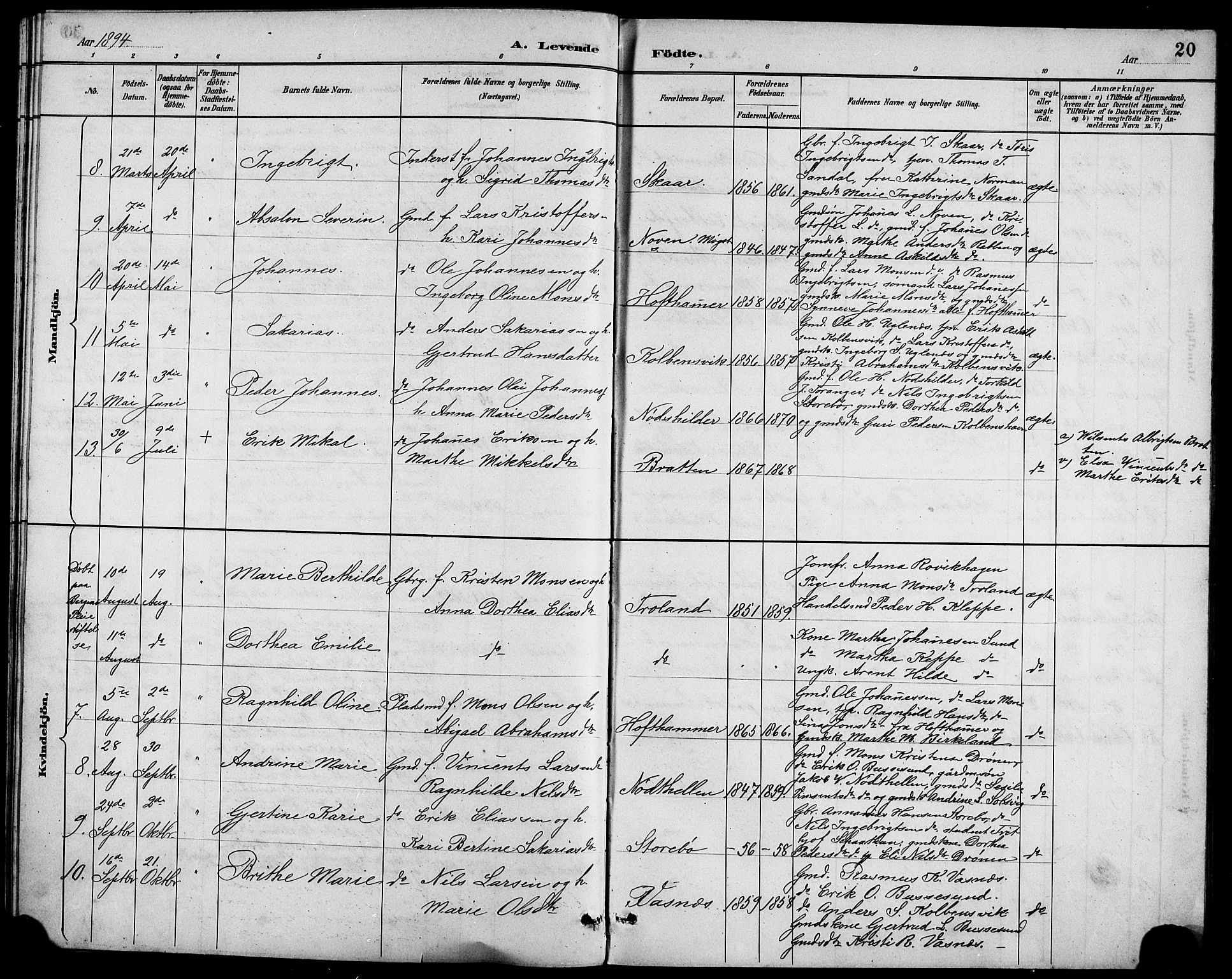 Austevoll sokneprestembete, AV/SAB-A-74201/H/Ha/Hab/Haba/L0003: Parish register (copy) no. A 3, 1889-1900, p. 20