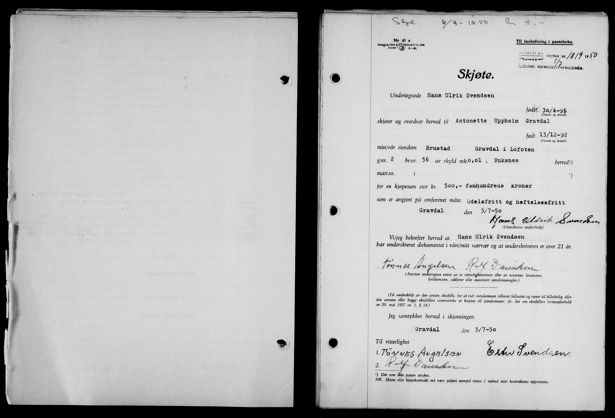 Lofoten sorenskriveri, SAT/A-0017/1/2/2C/L0024a: Mortgage book no. 24a, 1950-1950, Diary no: : 1819/1950