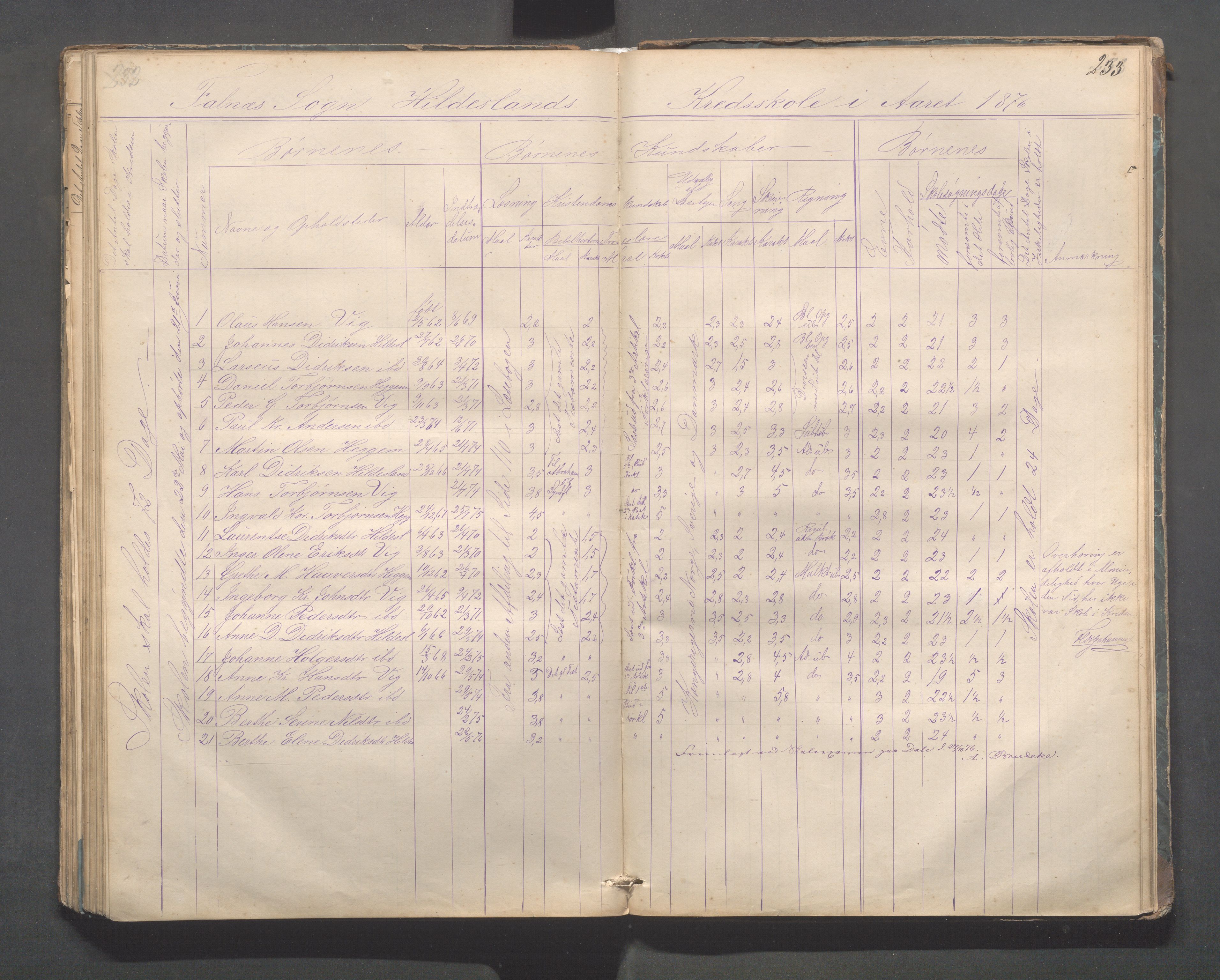 Skudenes kommune - Dale - Hillesland - Snørteland skolekretser, IKAR/A-306/H/L0002: Dale - Hillesland - Snørteland, 1869-1882, p. 232-233