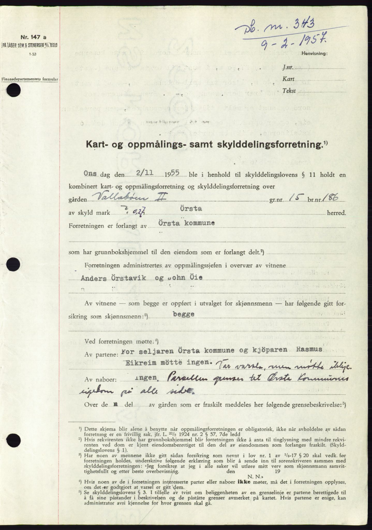 Søre Sunnmøre sorenskriveri, AV/SAT-A-4122/1/2/2C/L0105: Mortgage book no. 31A, 1956-1957, Diary no: : 343/1957