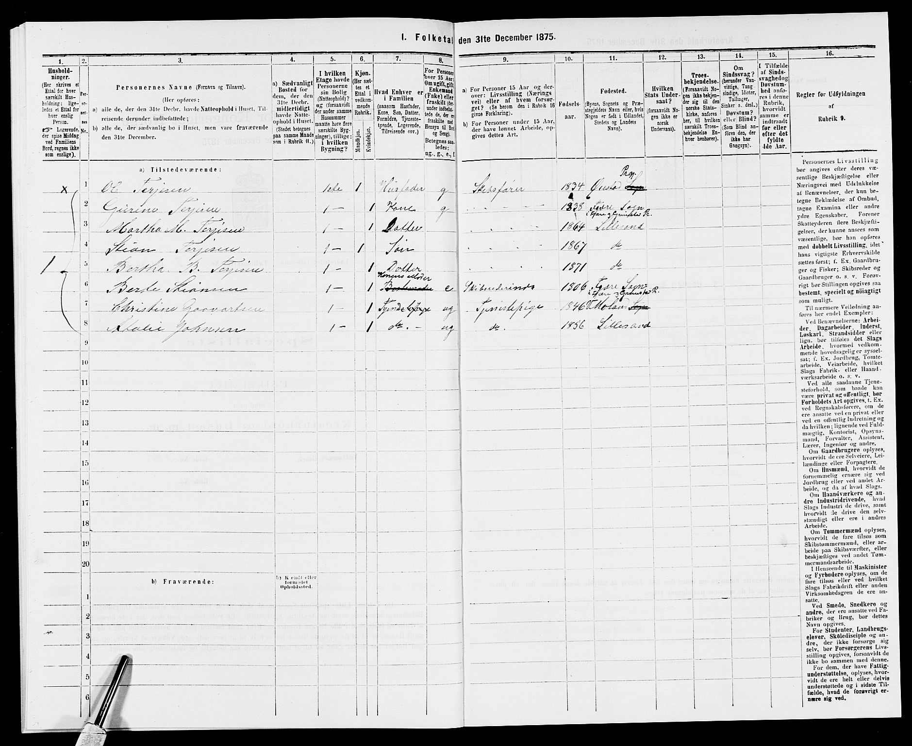 SAK, 1875 census for 0905B Vestre Moland/Lillesand, 1875, p. 244