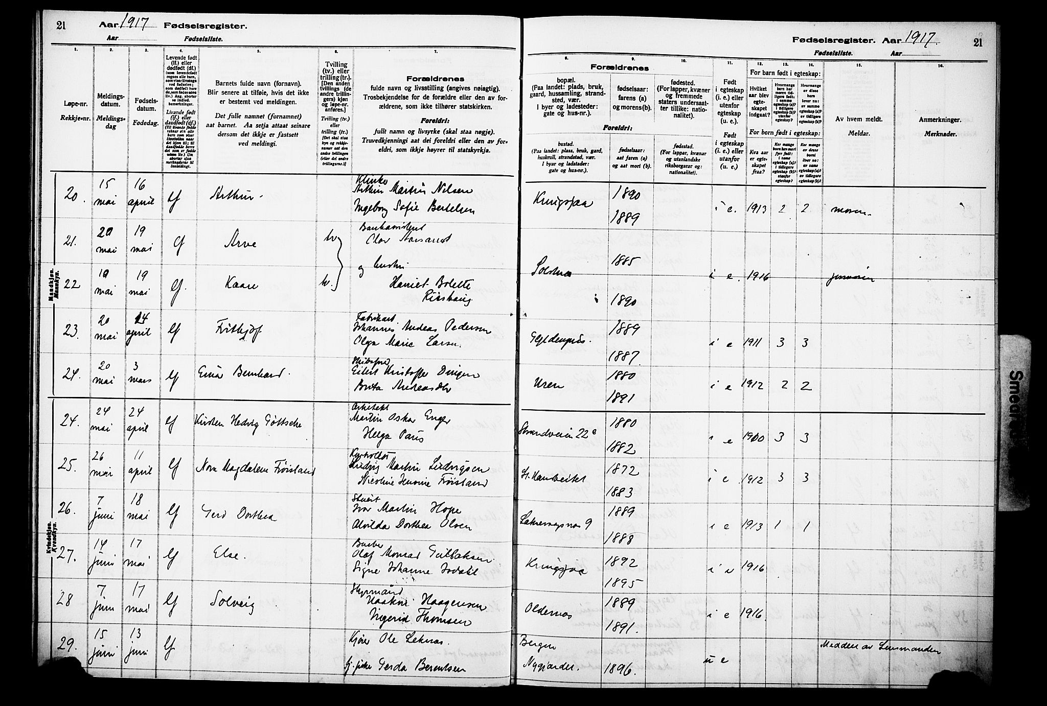 Laksevåg Sokneprestembete, AV/SAB-A-76501/I/Id/L00A1: Birth register no. A 1, 1916-1926, p. 21