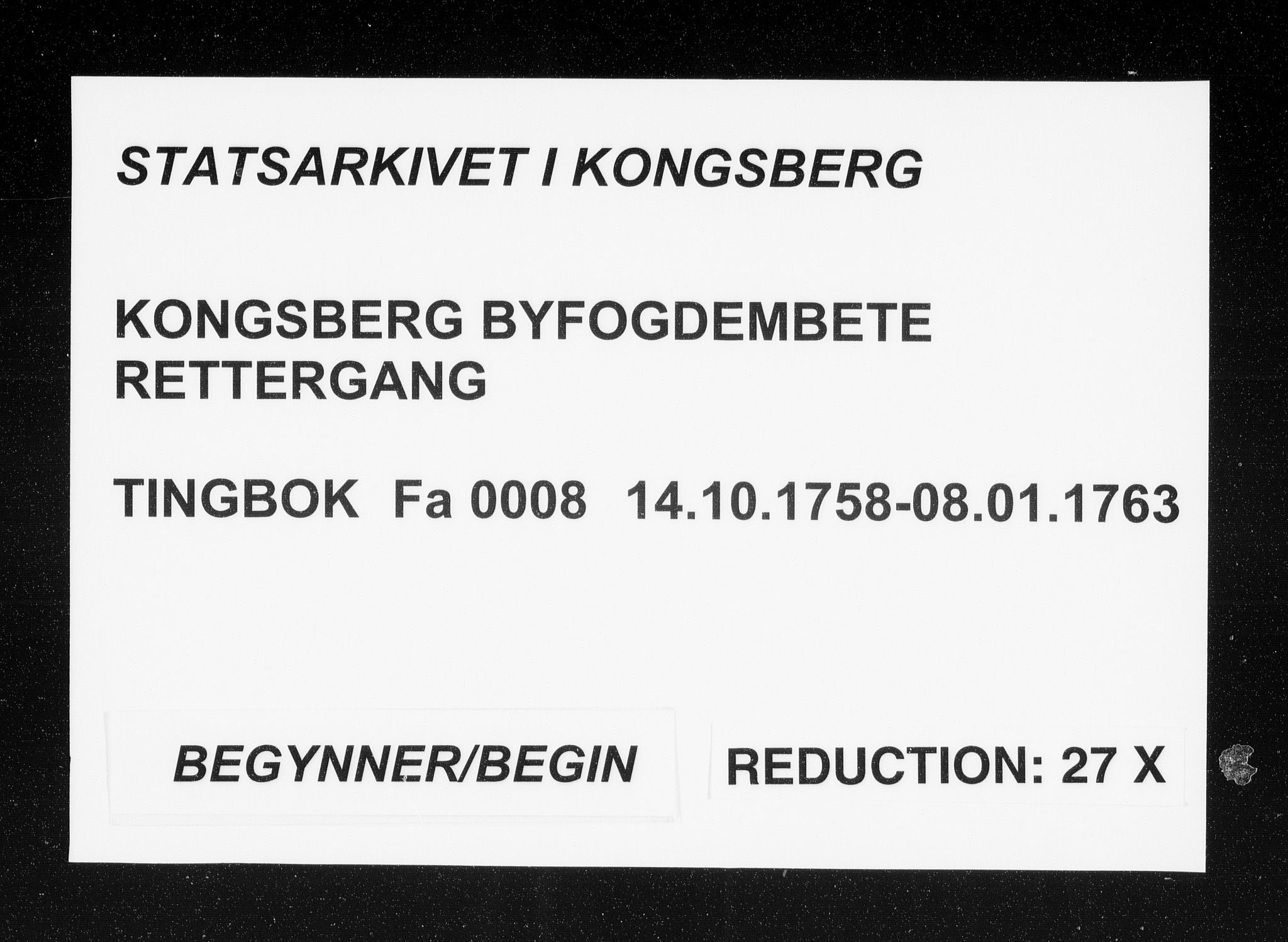 Kongsberg byfogd, AV/SAKO-A-84/F/Fa/L0008: Tingbok, 1758-1763