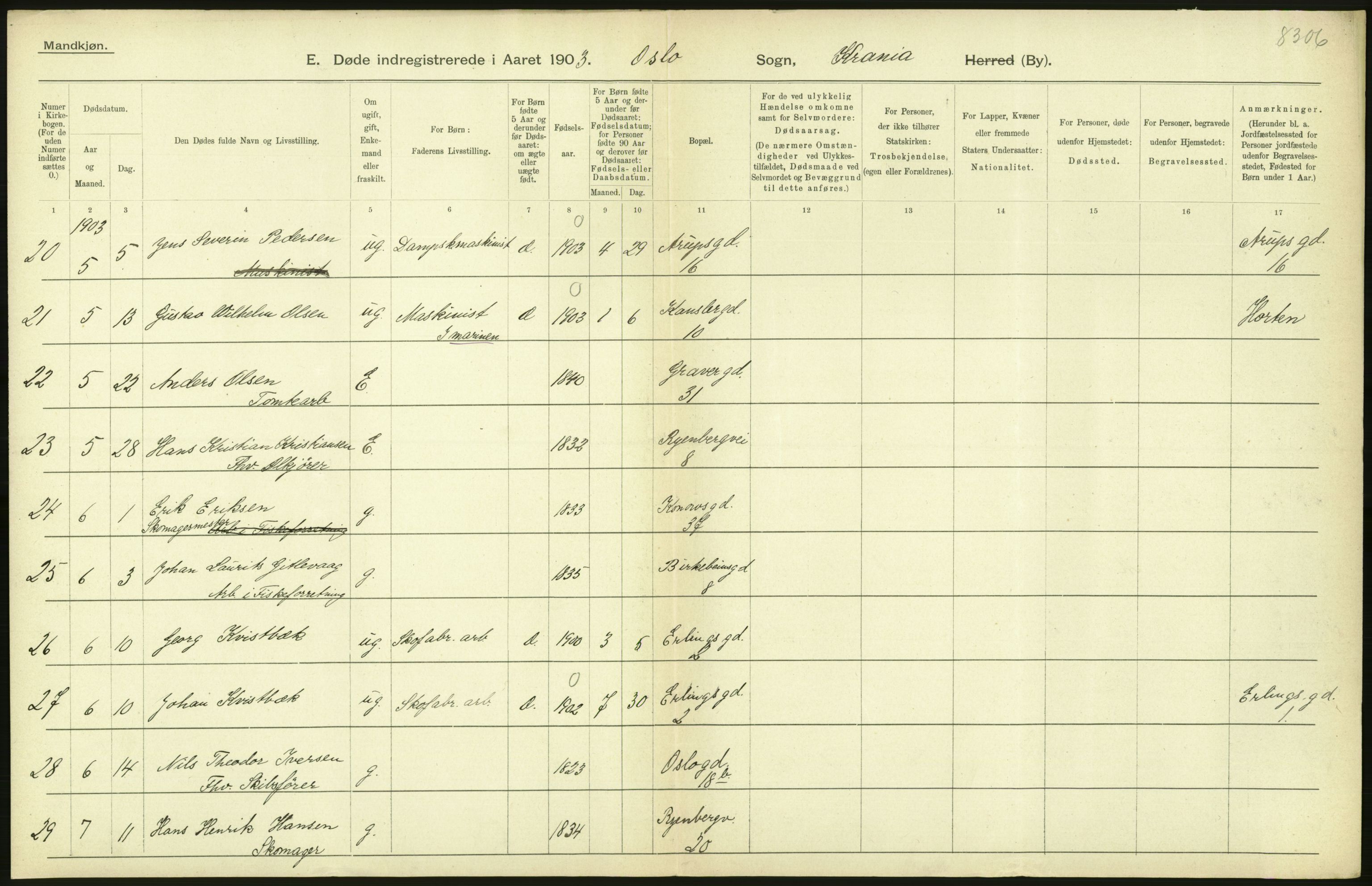 Statistisk sentralbyrå, Sosiodemografiske emner, Befolkning, AV/RA-S-2228/D/Df/Dfa/Dfaa/L0004: Kristiania: Gifte, døde, 1903, p. 288