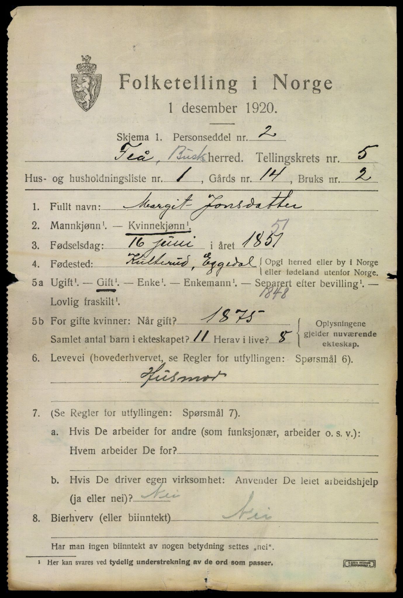 SAKO, 1920 census for Flå, 1920, p. 3103