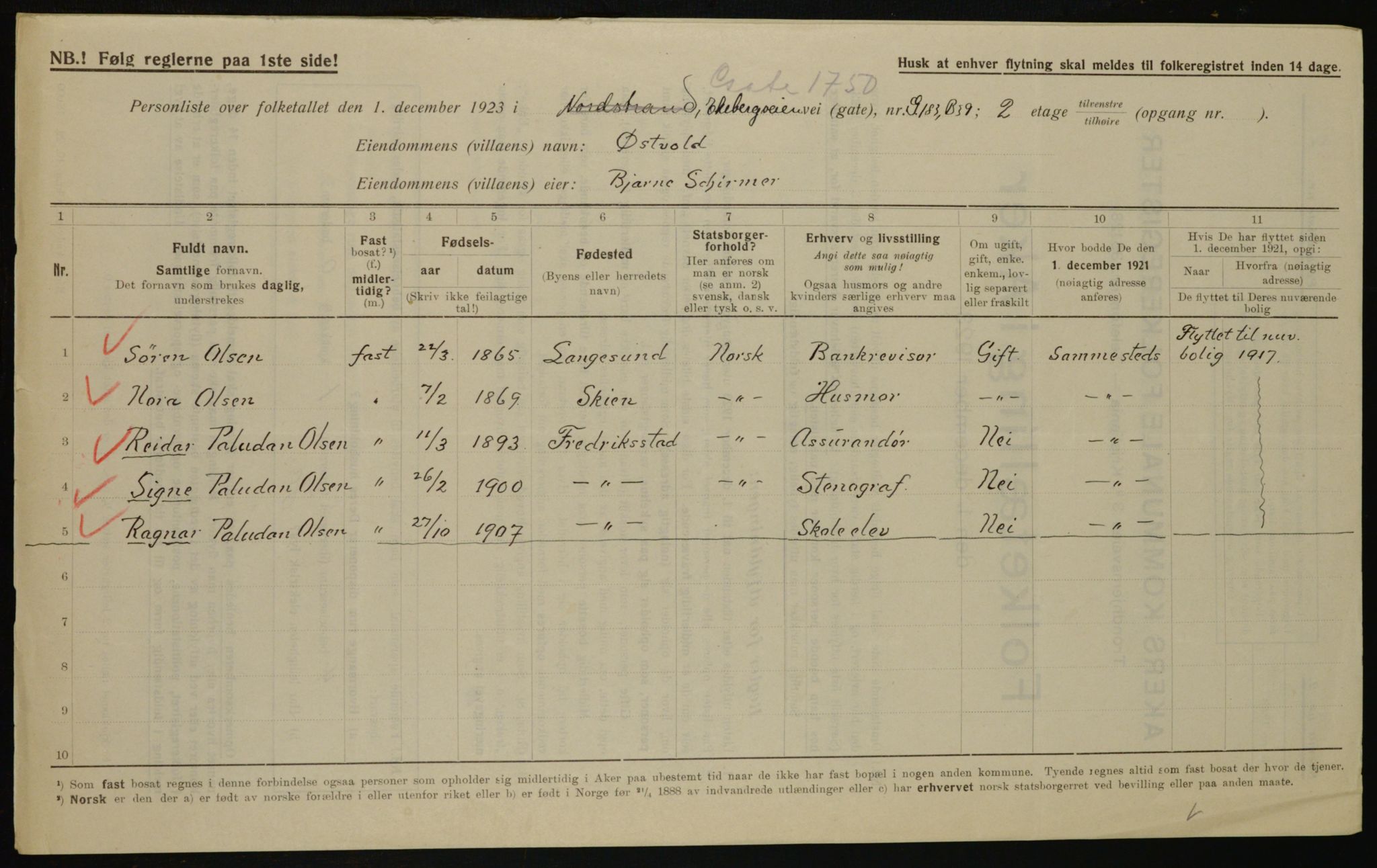 , Municipal Census 1923 for Aker, 1923, p. 38287