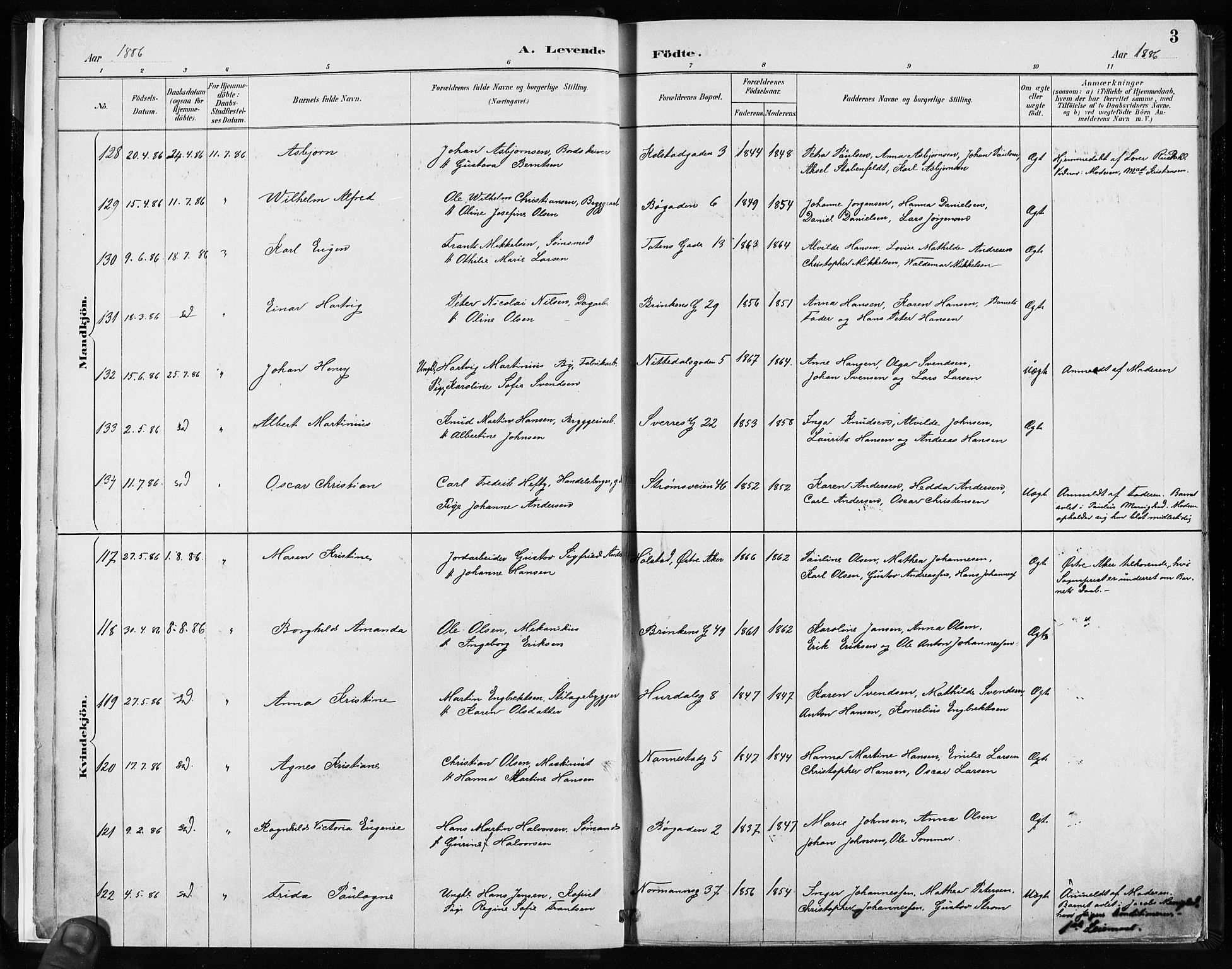 Kampen prestekontor Kirkebøker, SAO/A-10853/F/Fa/L0003: Parish register (official) no. I 3, 1886-1892, p. 3