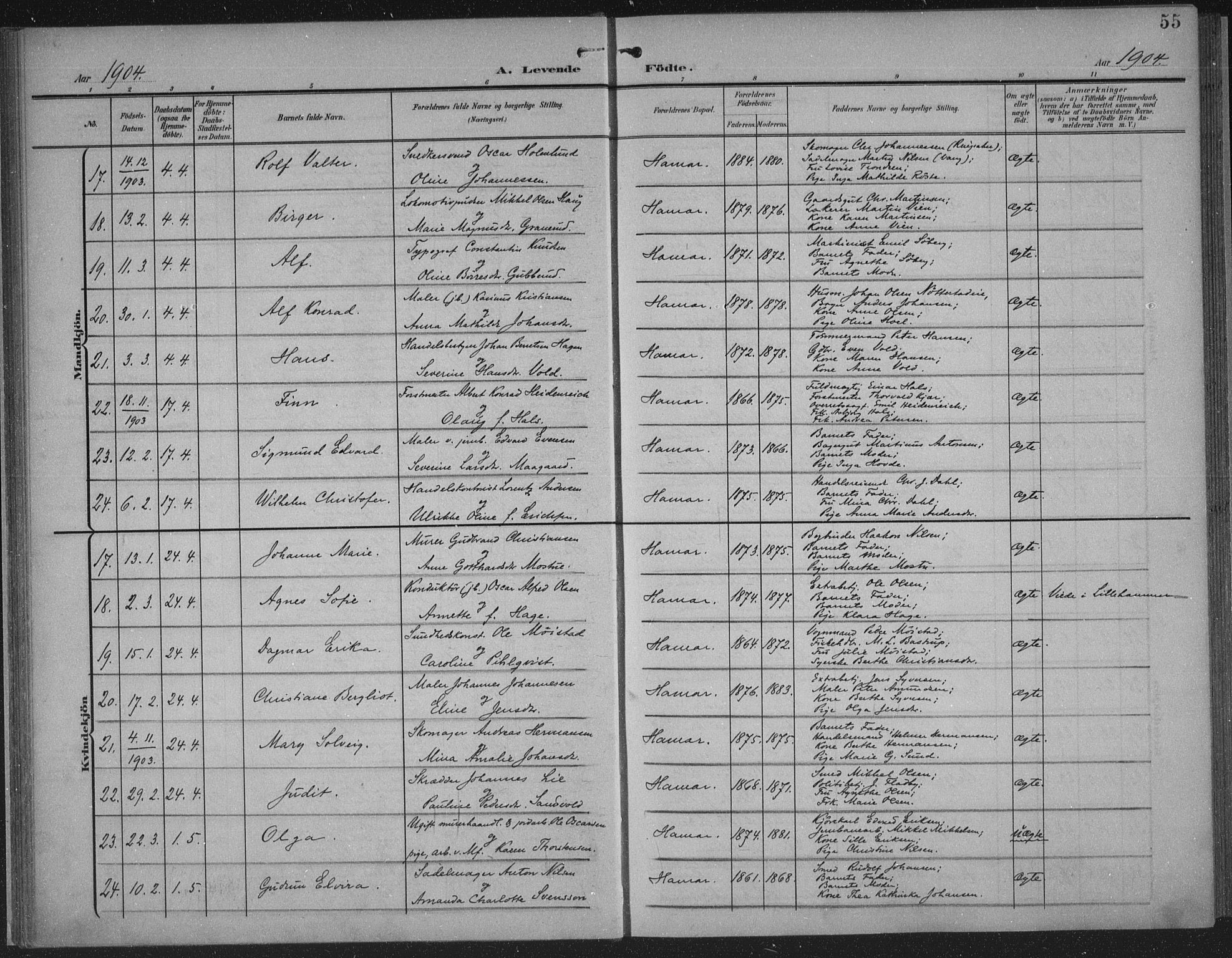 Hamar prestekontor, AV/SAH-DOMPH-002/H/Ha/Haa/L0001: Parish register (official) no. 1, 1900-1914, p. 55