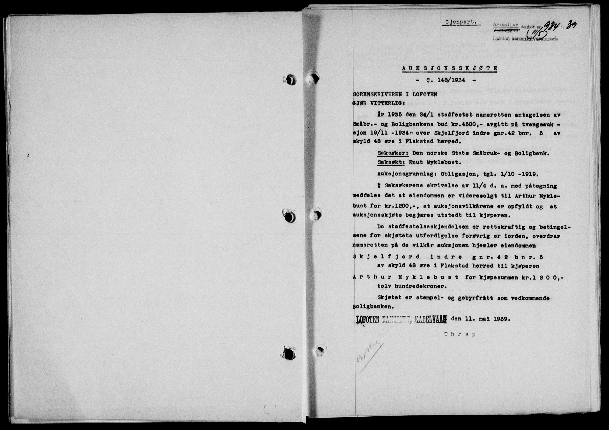 Lofoten sorenskriveri, SAT/A-0017/1/2/2C/L0005a: Mortgage book no. 5a, 1939-1939, Diary no: : 934/1939