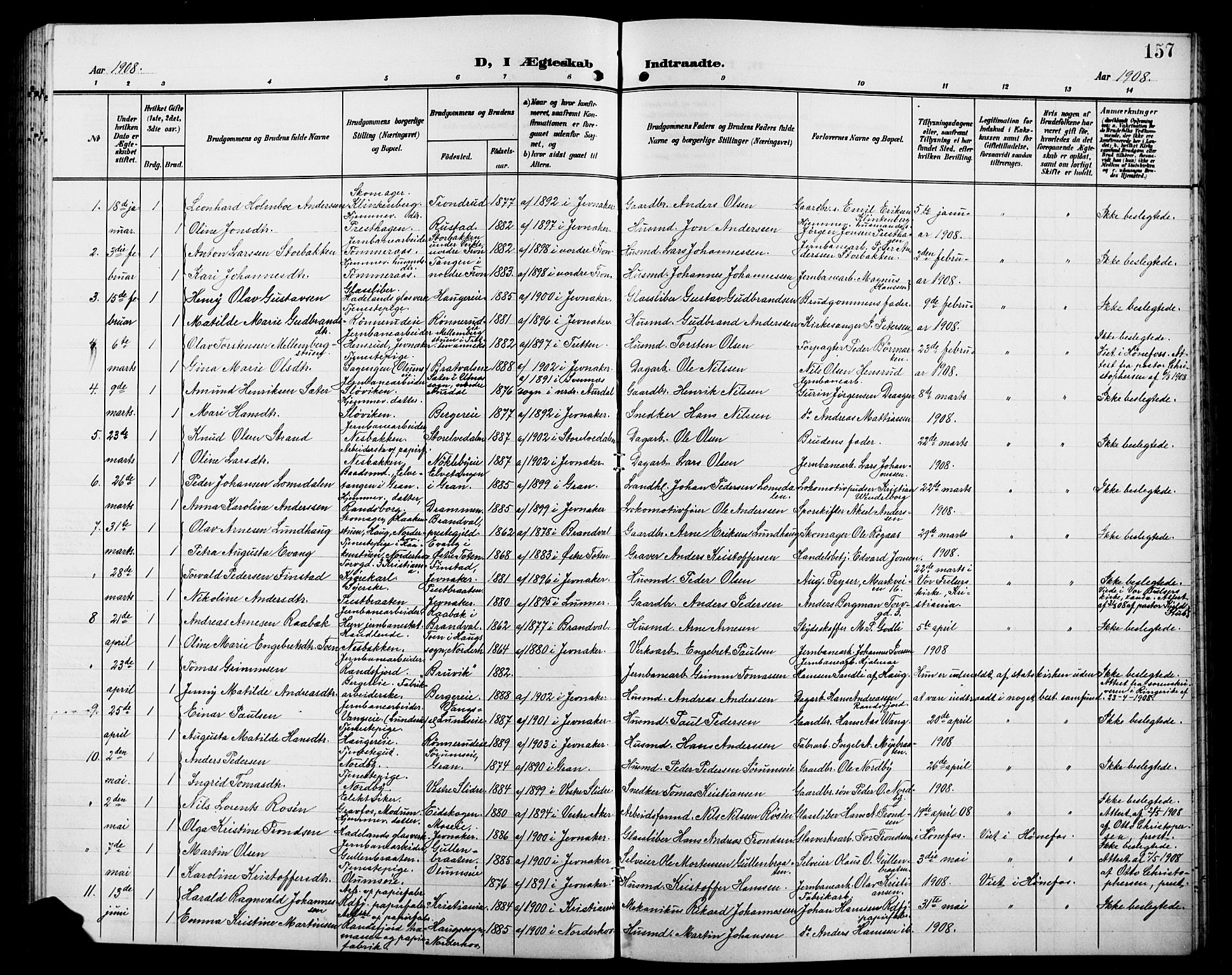 Jevnaker prestekontor, SAH/PREST-116/H/Ha/Hab/L0004: Parish register (copy) no. 4, 1907-1918, p. 157